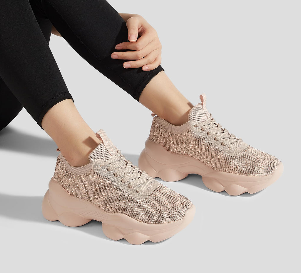 LUCKY STEP Women's Chunky Rhinestone Sneaker Sparkly Bling Bedazzled Mesh Slip on Elastic Sock Glitter Shiny Rave Walking Shoes