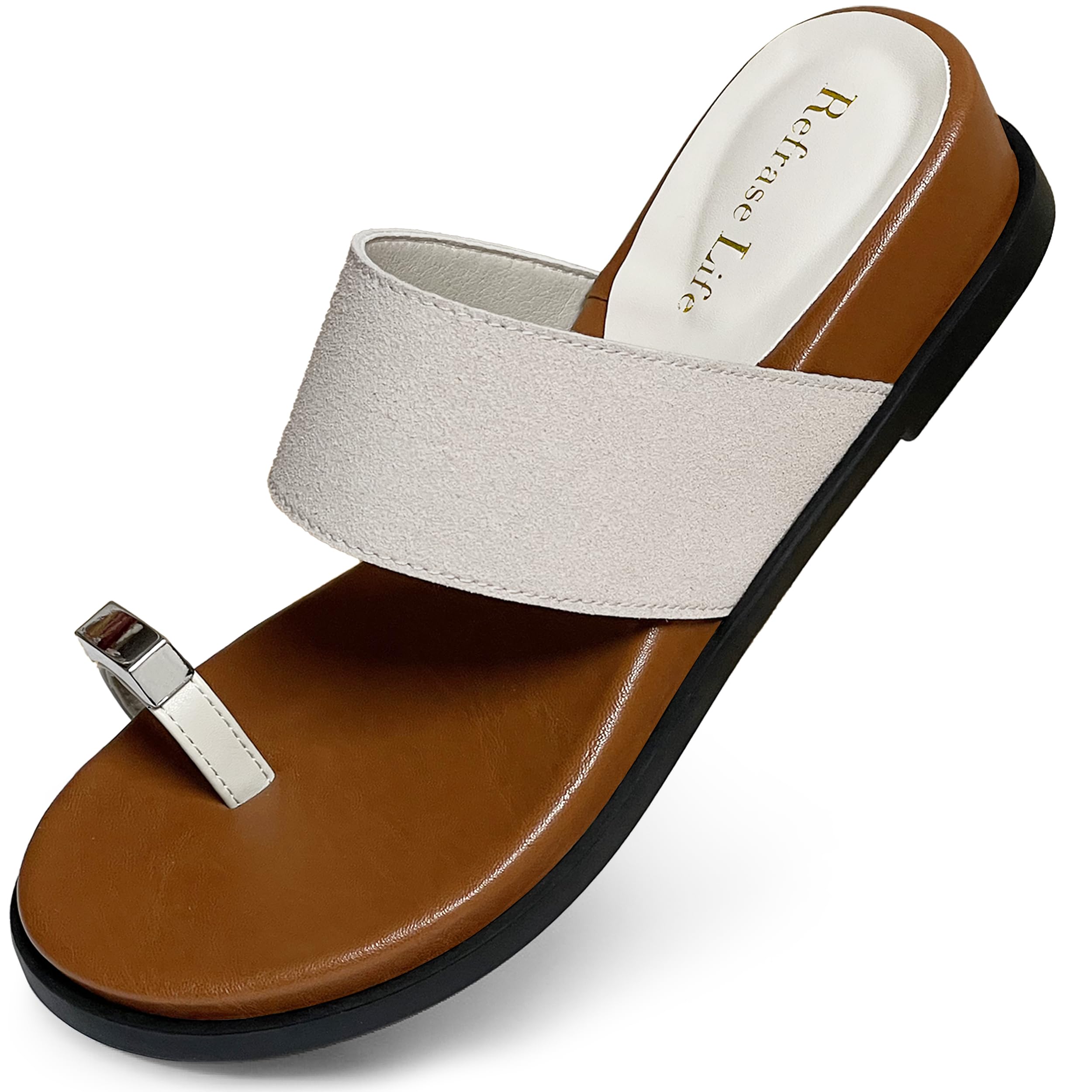 REFRASE LIFE Women's Toe Ring Slide Sandals Strappy Toe Loop Slip On Open Toe Flip Flops, Casual Summer Beach Shoes