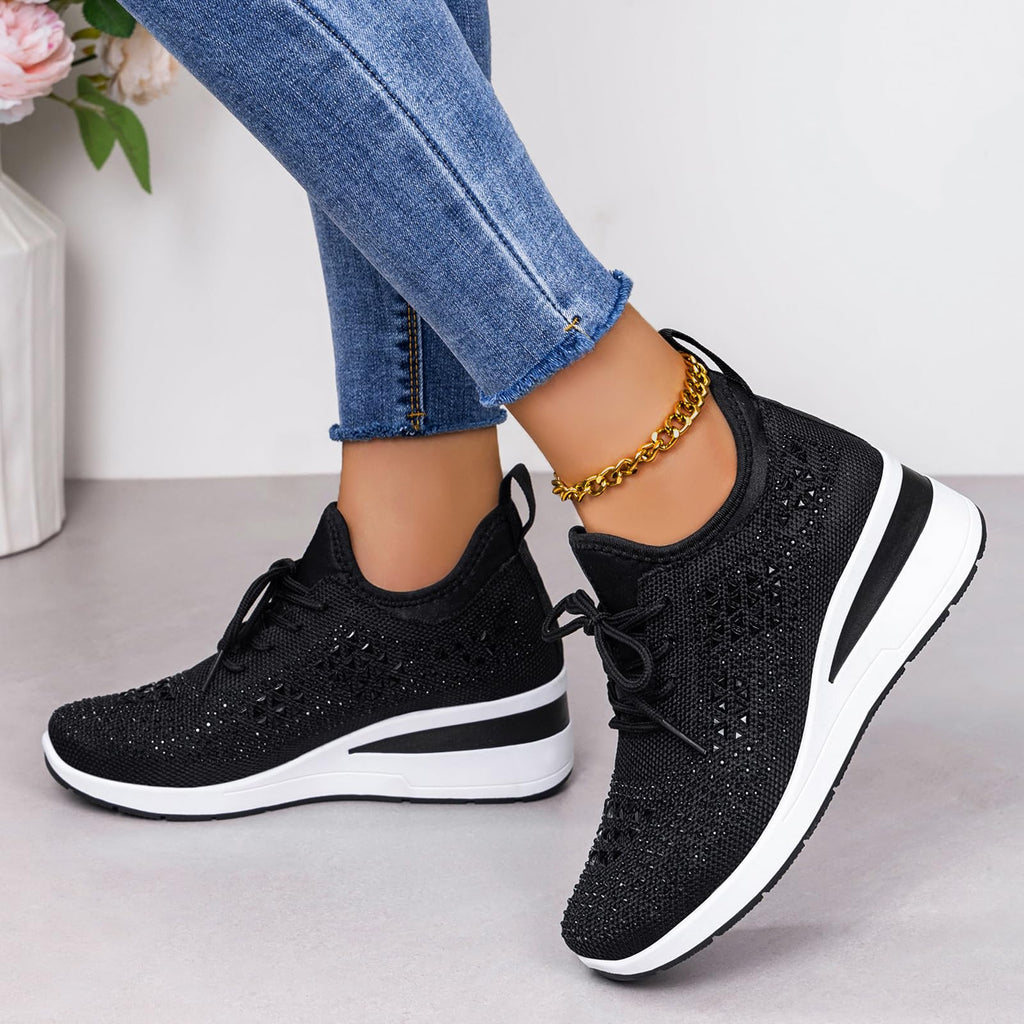 Glitter Rhinestone Wedge Sneakers with Lace-Up for Women Fashion Shiny Sequin Comfort Orthopedic Breathable Mesh Round Toe Soft Sole Tennis Walking Shoes