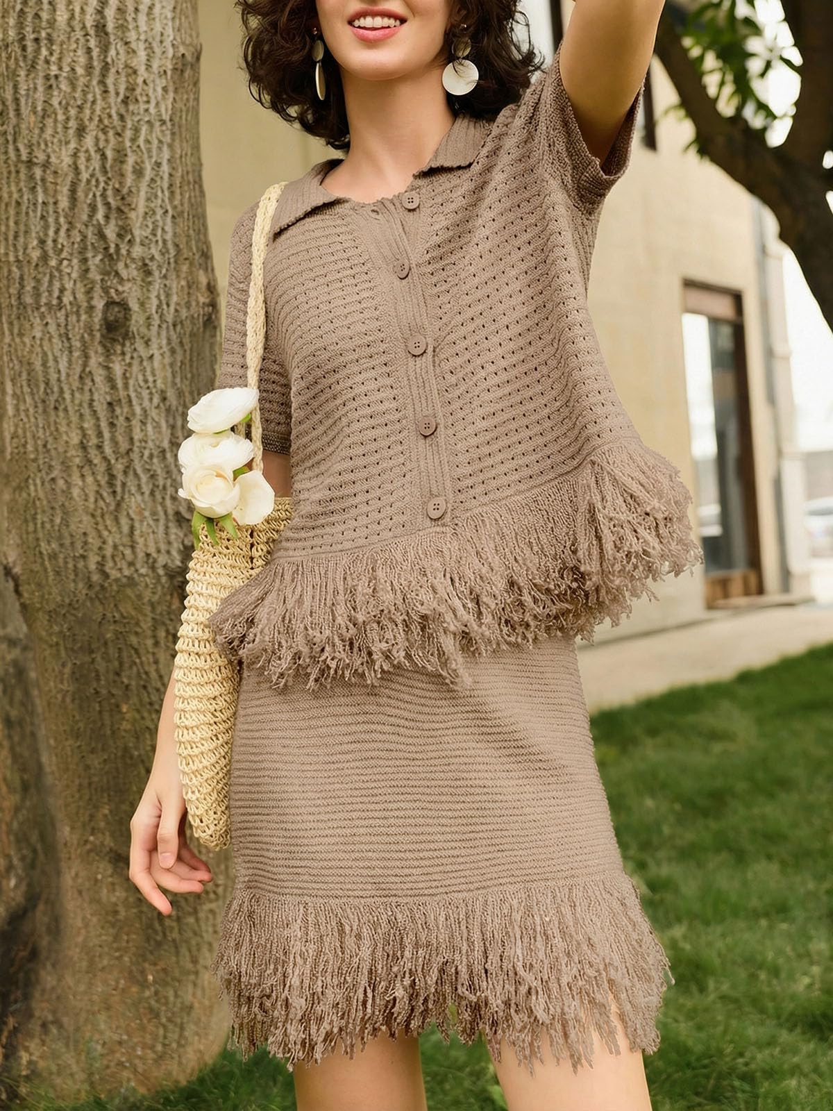 Fisoew Womens 2 Piece Outfits Crochet Short Sleeve Button Knit Sweater Tops and Fringe Skirt Vacation Sets