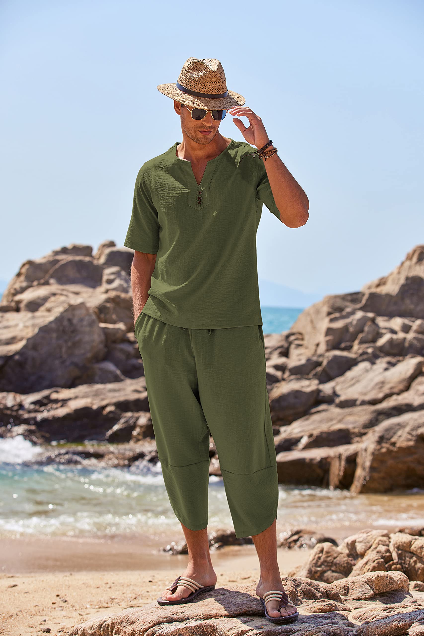 COOFANDY Men's 2 Pieces Linen Set Henley Shirt Short Sleeve and Harem Capri Pants Wide Leg Baggy Beach Yoga Trousers Outfits