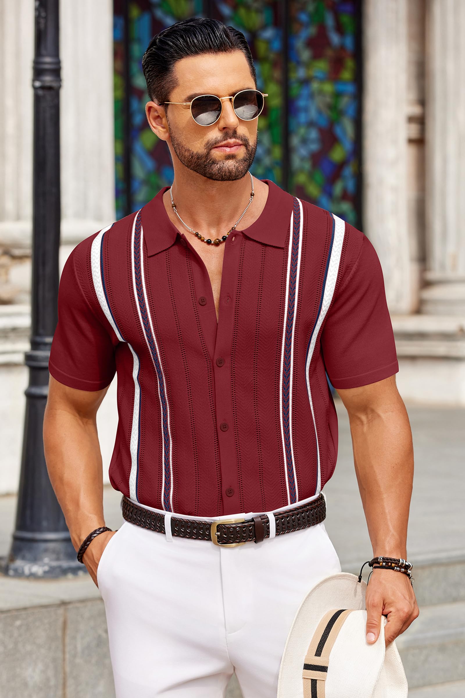 COOFANDY Knit Shirts for Men Casual Short Sleeve Button Down Shirts Summer Beach Stretch Fit Collared Shirts