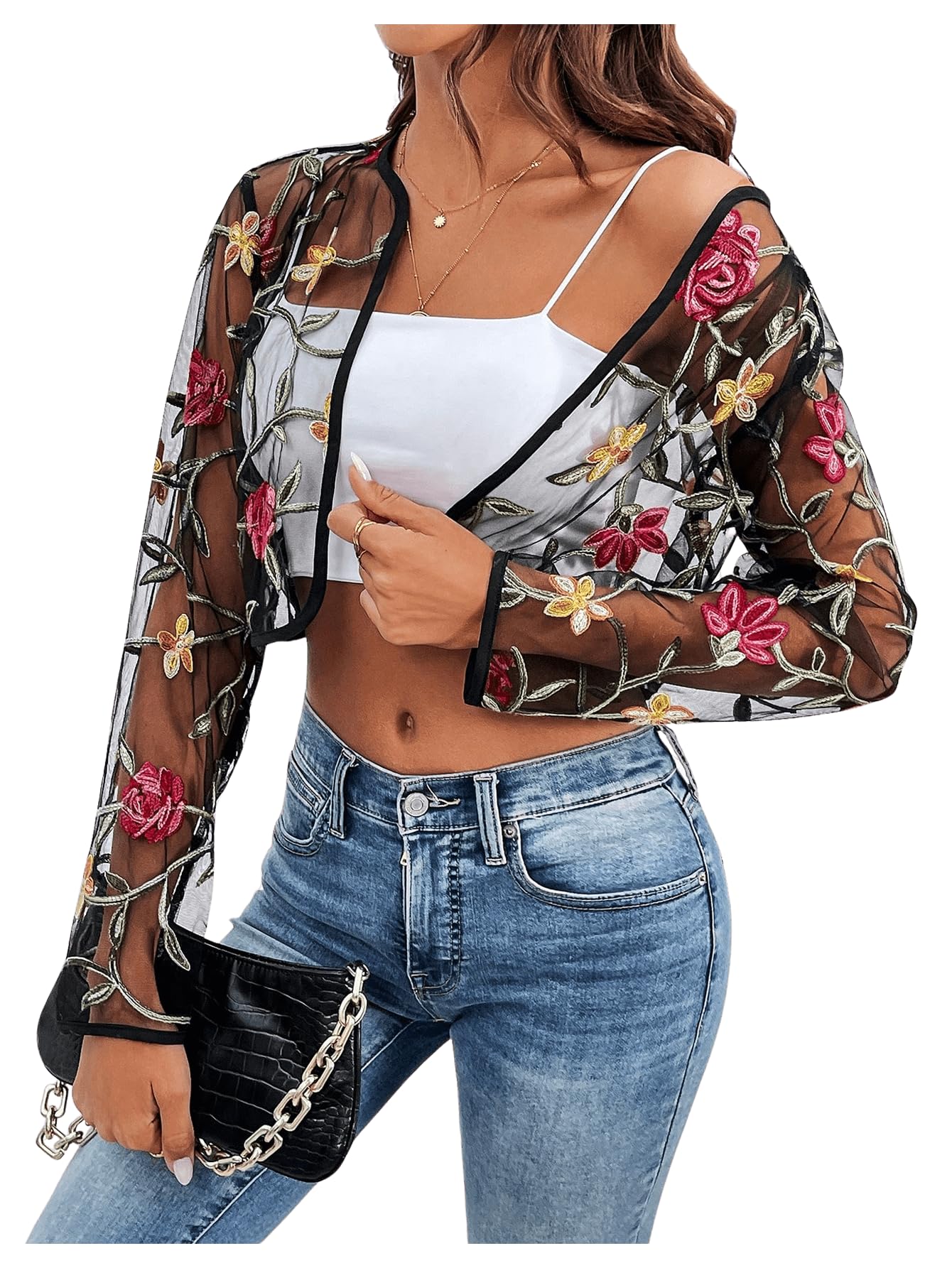 OYOANGLE Women's Floral Embroidered Sheer Bolero Open Front Crop Jackets | Long Sleeve Mesh Summer Cardigan Tops, Wedding Guest, Shrugs for Dresses, Boho Holiday Cover Up