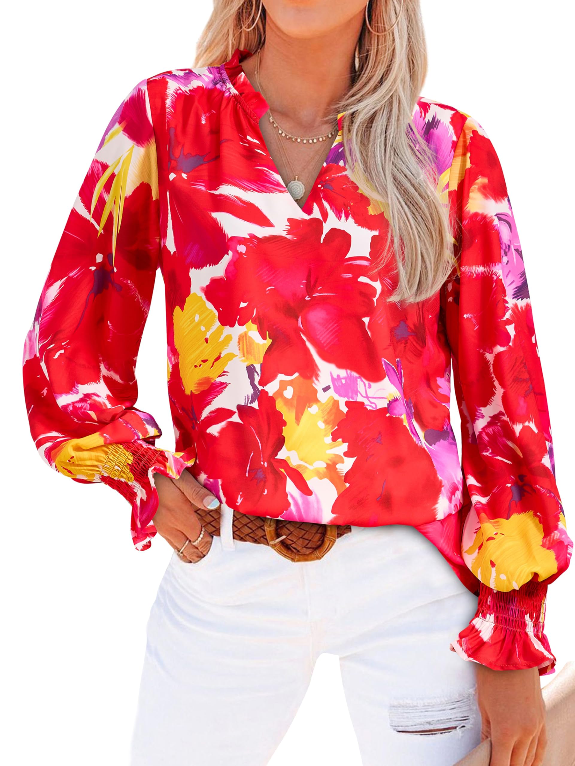 MASCOMODA Womens Boho Floral Long Sleeve Loose Chiffon Blouses | Puff Sleeve Ruffle V Neck Tops, Work Blouses for Women Dressy Casual, 2026 Summer T Shirts, Hawaiian Shirts for Women