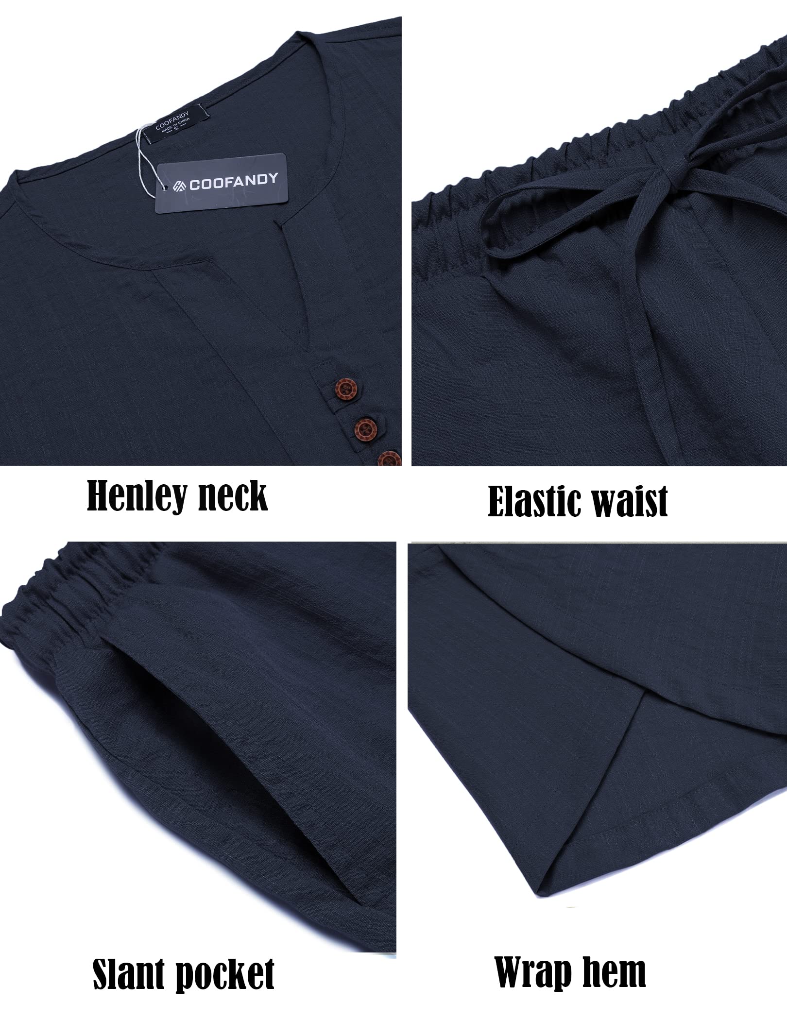 COOFANDY Men's 2 Pieces Linen Set Henley Shirt Short Sleeve and Harem Capri Pants Wide Leg Baggy Beach Yoga Trousers Outfits