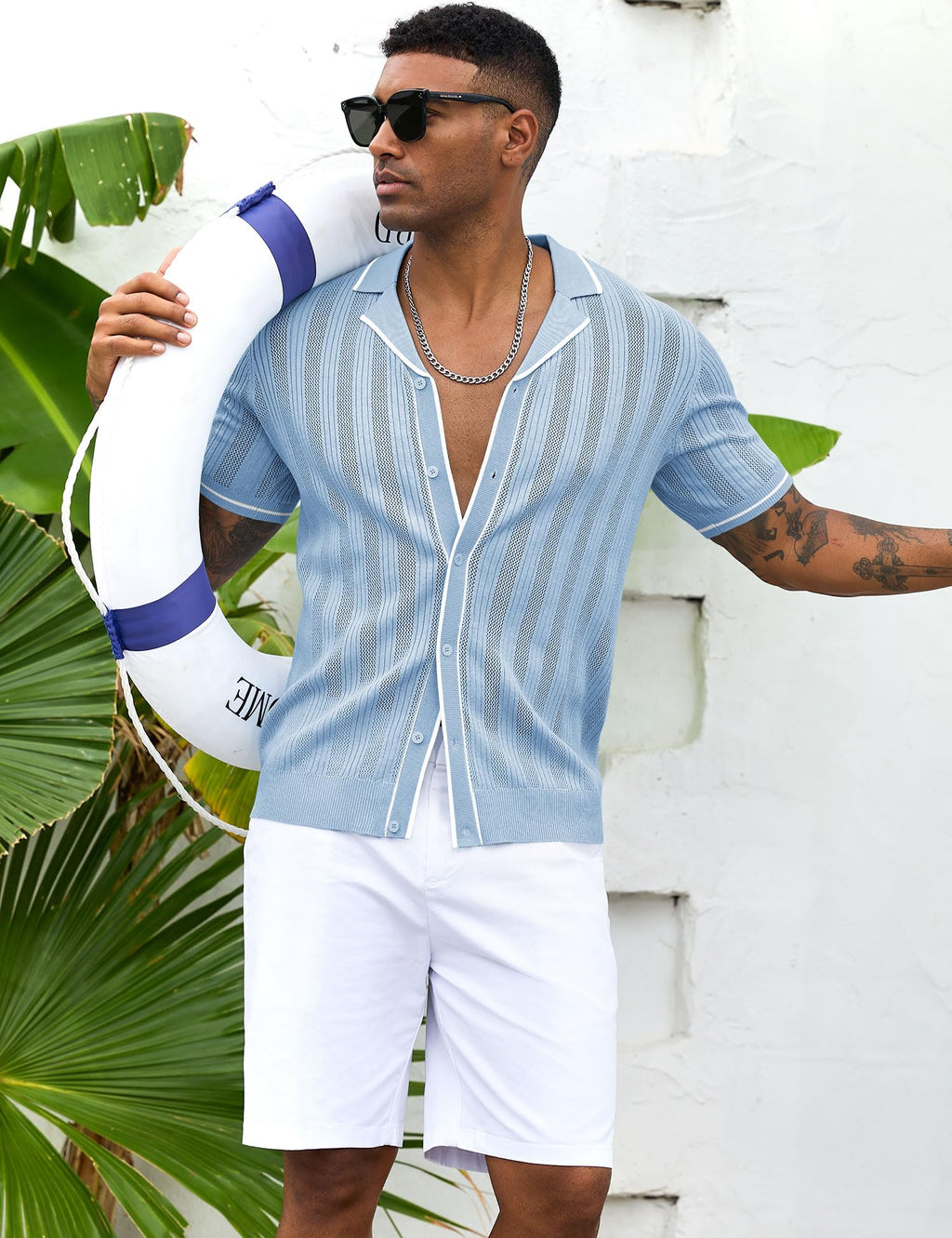 Men's Knit Button Down Shirt Short Sleeve Vintage Knitted Striped Summer Beach Tops S-XXL