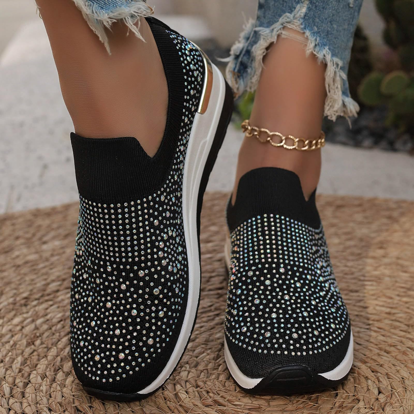 Shoes for Women Dressy Casual,Rhinestone Sneakers for Women Sparkly Bling Women's Rhinestone Mesh Slip-On Summer Shoes Breathable Spakle Glitter Comfortable Orthopedic Wedge Walking Shoes
