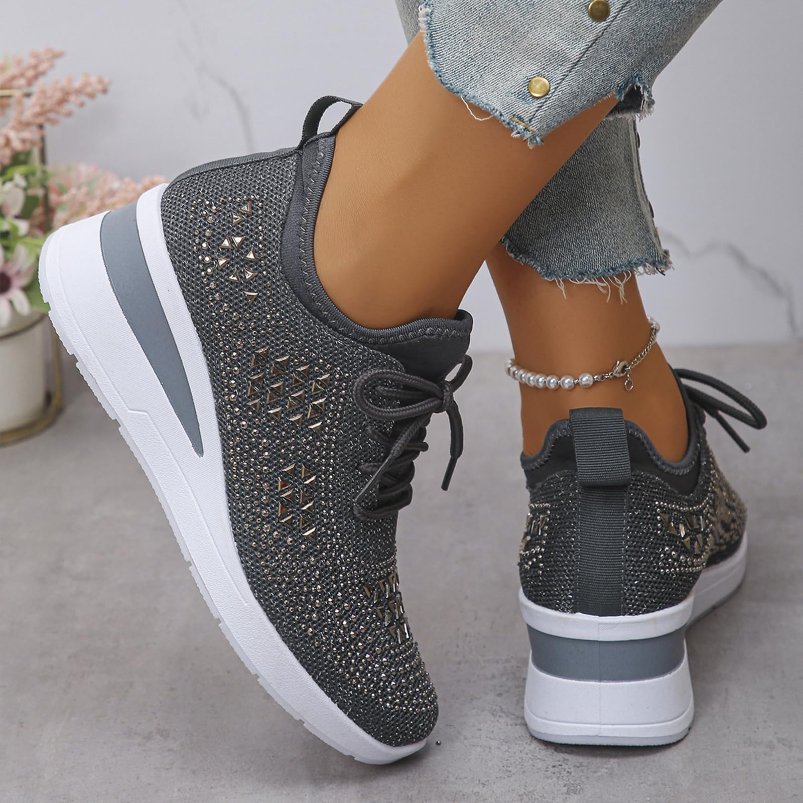 Glitter Rhinestone Wedge Sneakers with Lace-Up for Women Fashion Shiny Sequin Comfort Orthopedic Breathable Mesh Round Toe Soft Sole Tennis Walking Shoes