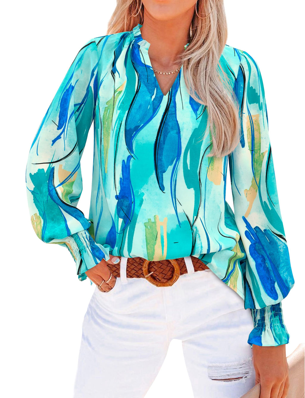 MASCOMODA Womens Boho Floral Long Sleeve Loose Chiffon Blouses | Puff Sleeve Ruffle V Neck Tops, Work Blouses for Women Dressy Casual, 2026 Summer T Shirts, Hawaiian Shirts for Women