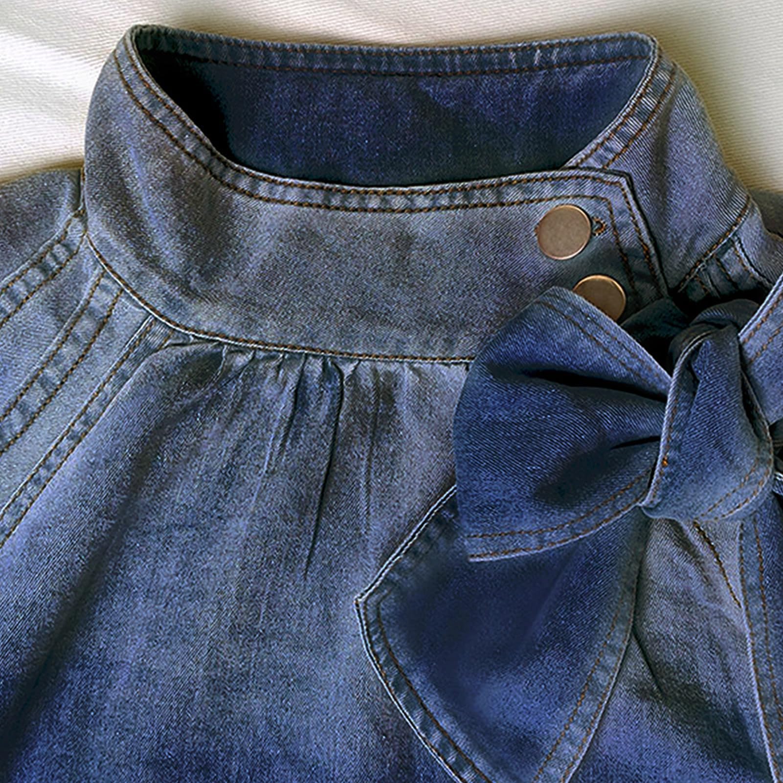 Women's Bow Design Denim Pullover Top Button Up High Neck Fashionable Jacket with Elastic and Puff Sleeves