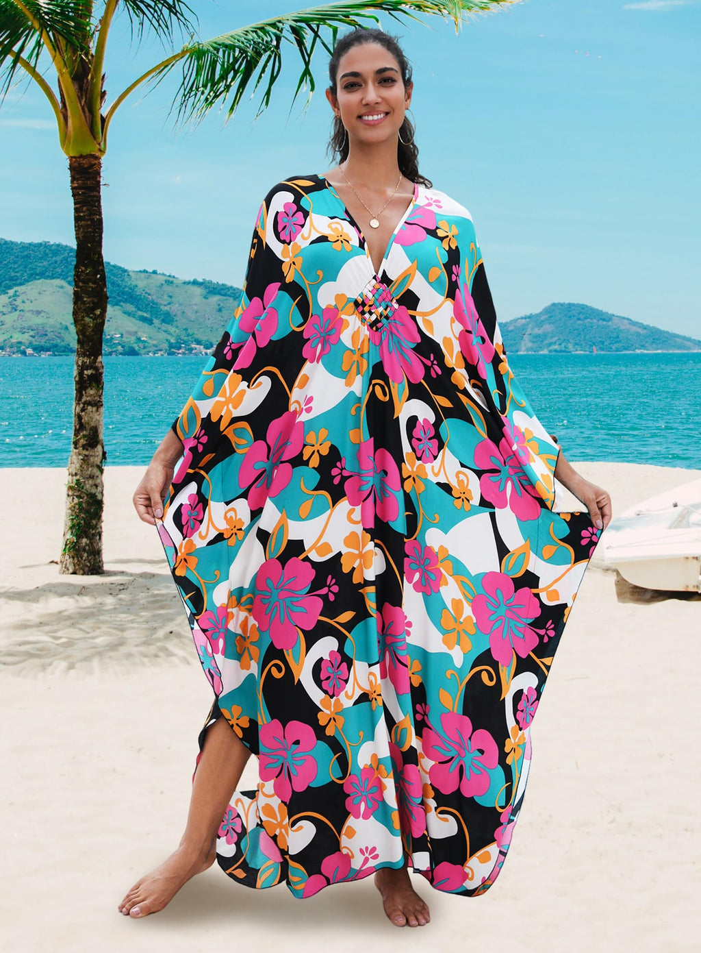 Yanziliu Kaftan Dress for Women,Plus Size Hawaiian Batwing Sleeve Beach Cover Up Summer Swimsuit Dresses