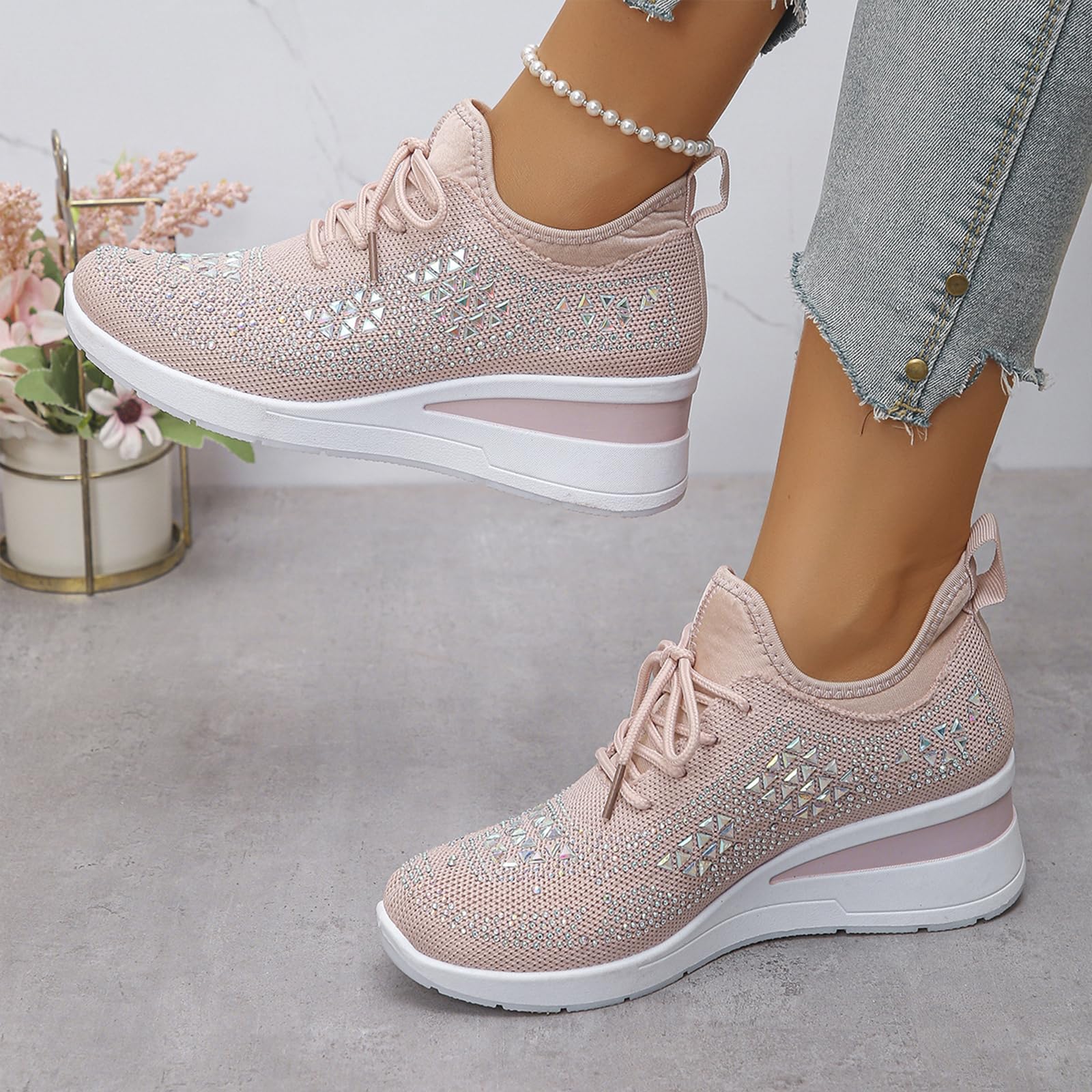 Glitter Rhinestone Wedge Sneakers with Lace-Up for Women Fashion Shiny Sequin Comfort Orthopedic Breathable Mesh Round Toe Soft Sole Tennis Walking Shoes