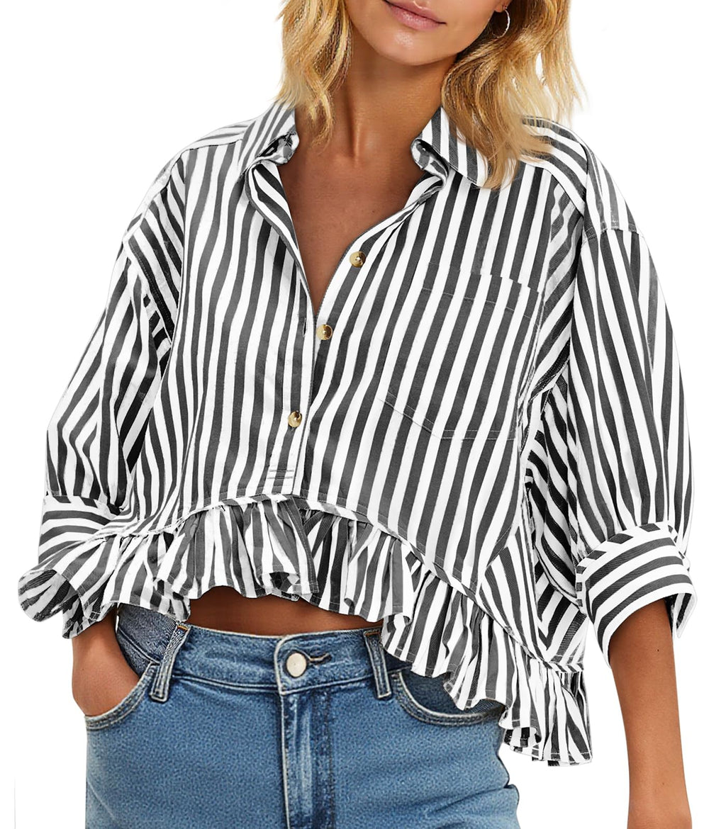 Cicy Bell Womens Cropped Striped Button Down Shirts Ruffle 3/4 Length Tops | Dressy Casual Blouses,Summer V Neck Tops,Vacation Outfits