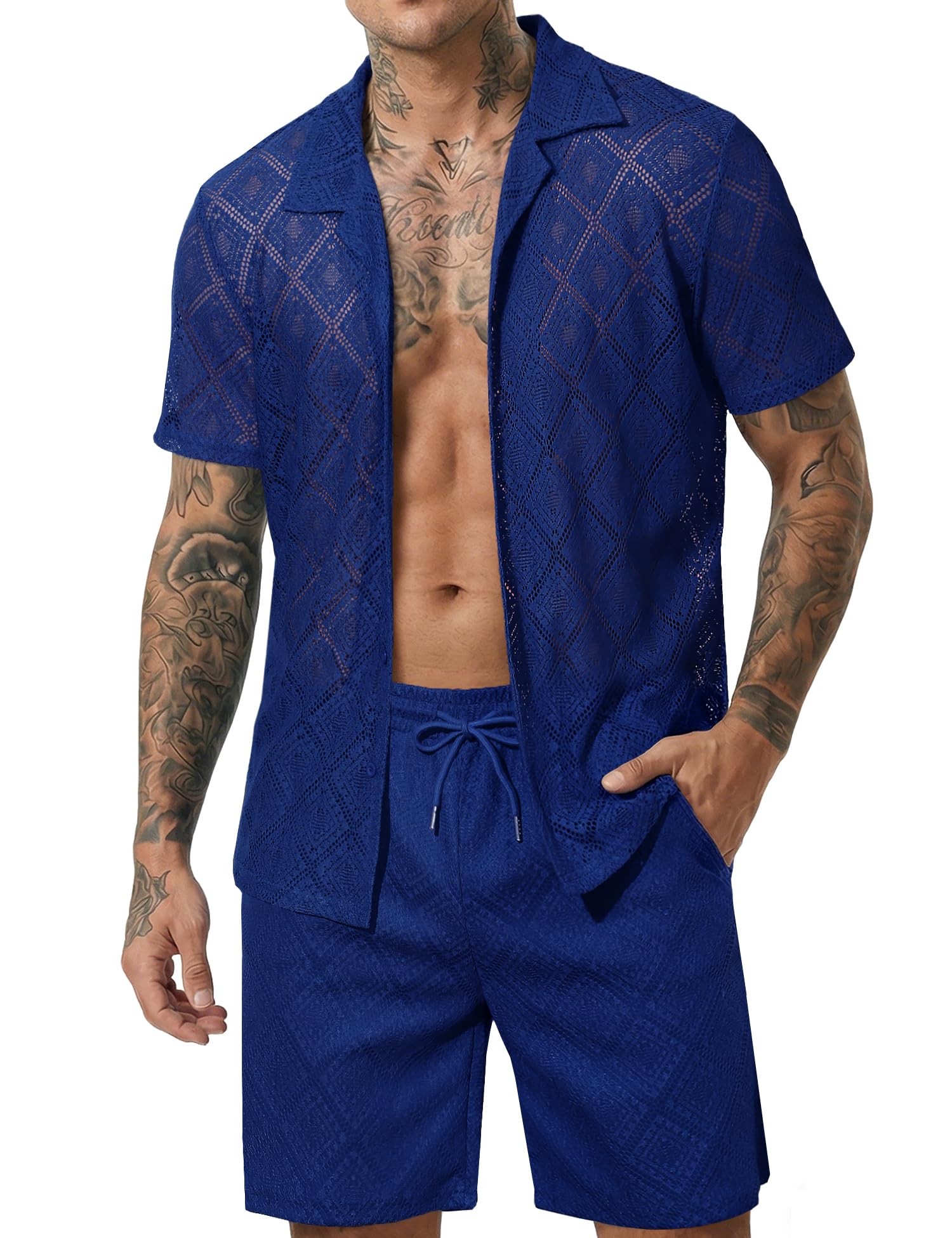 Men 2 Piece Shorts Set Sexy Lace Mesh Sheer Short Sleeve Summer Rave Outfit