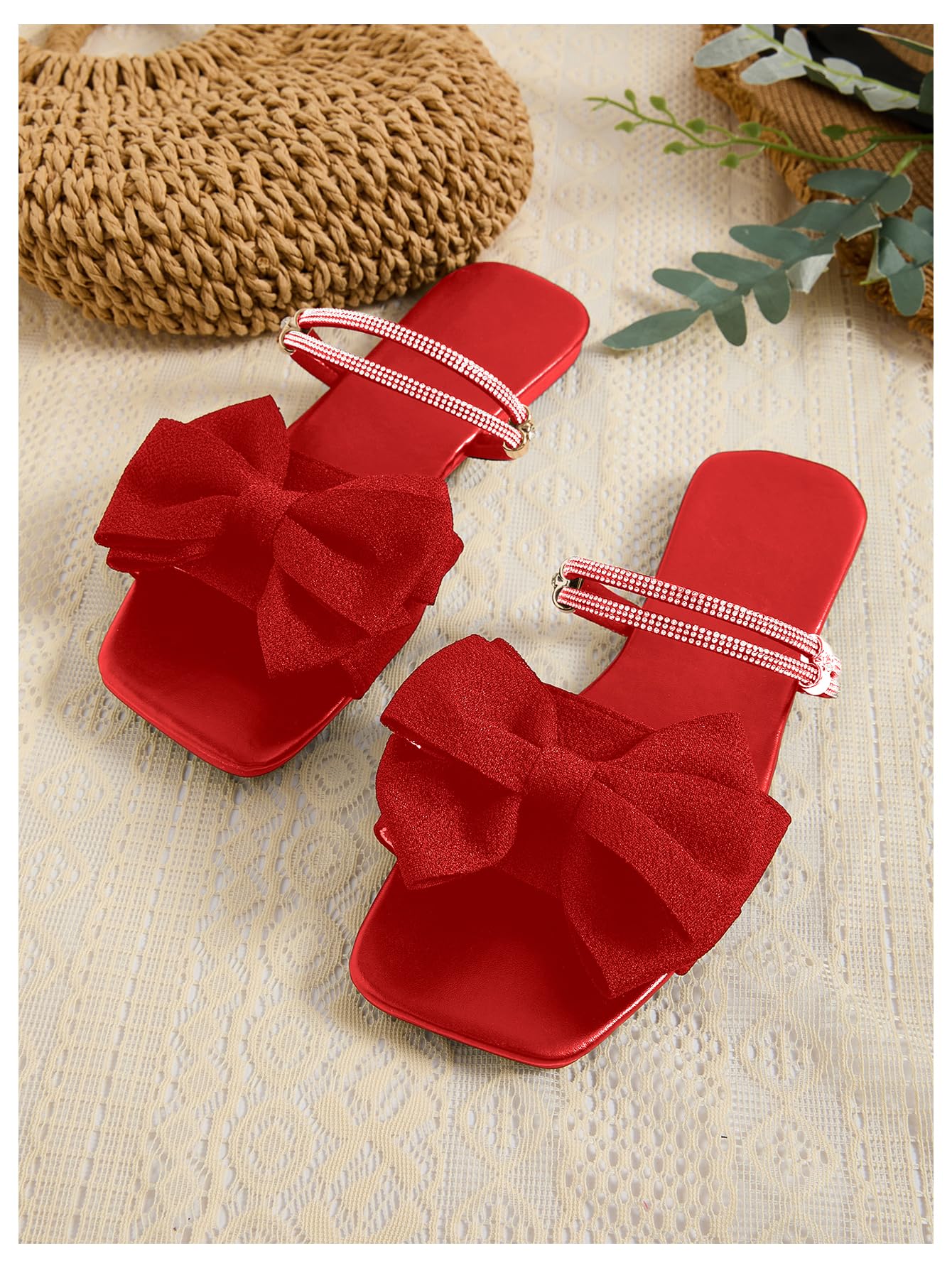 GORGLITTER Women's Bow Flat Sandals Dressy Rhinestone Comfortable Sandals | Cute Slip On Slides, Strappy Flats, Square Toe, Sparkly Dressy Party Wedding Sandals for Bride