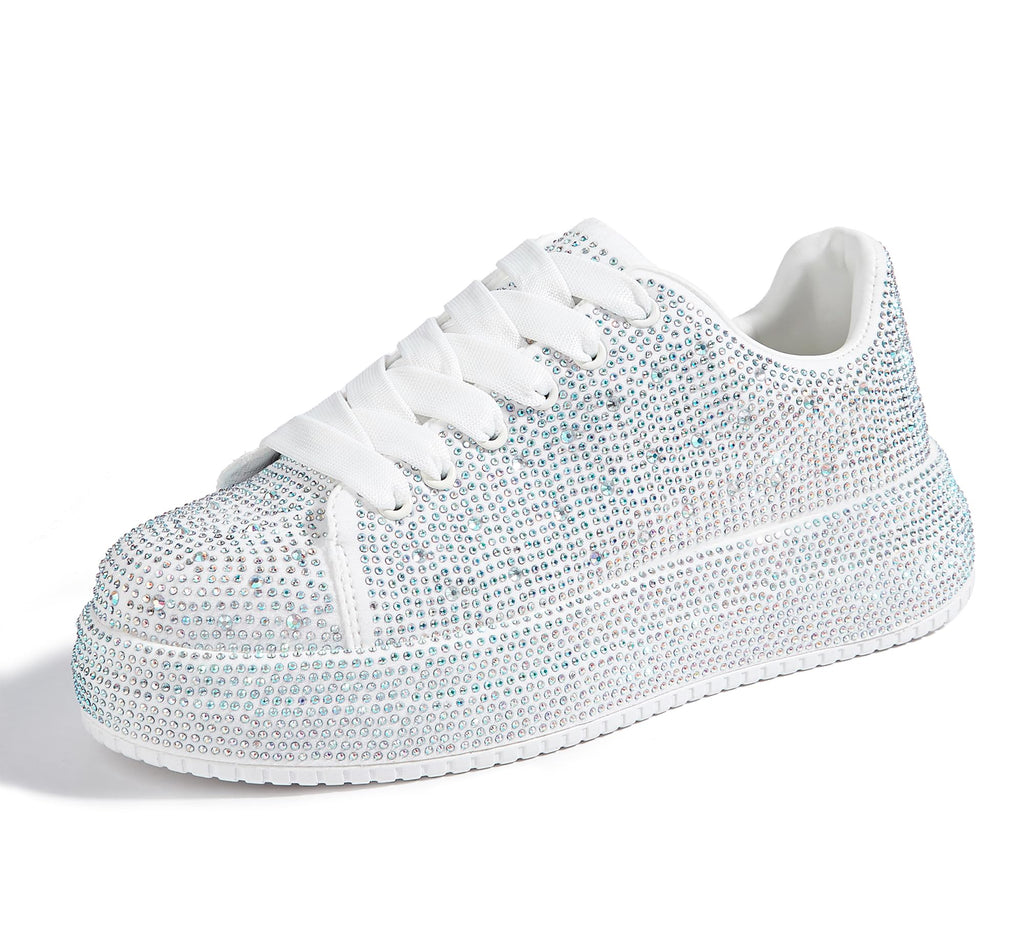 LUCKY STEP Rhinestone Platform Sneakers for Women | Sparkly Glitter Bling Tennis Shoes Fashion Wedding Party Walking Sneakers