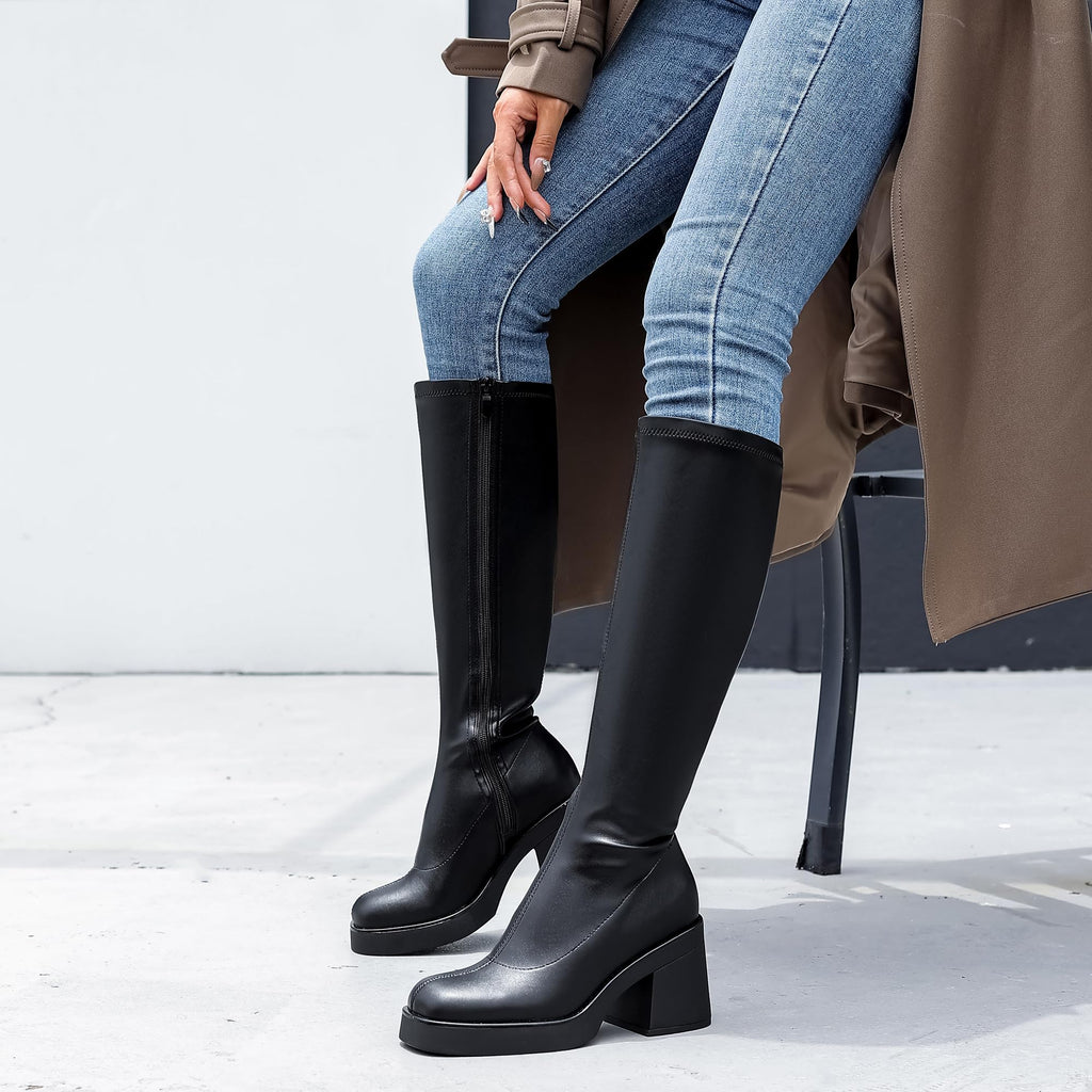 AprCoco Knee High Boots for Women GoGo Boots Platform Square Toe Womens Chunky Heel Side Zipper Boot