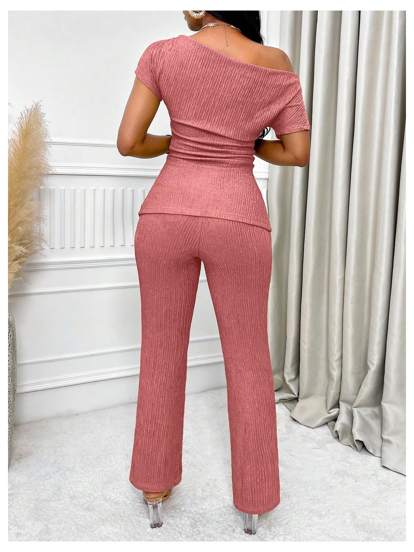 SOLY HUX Women's 2 Piece Outfit Short Sleeve Ruched T Shirt and Pants Set | Asymmetrical Neck, Going Out Set, Dressy, Summer Set