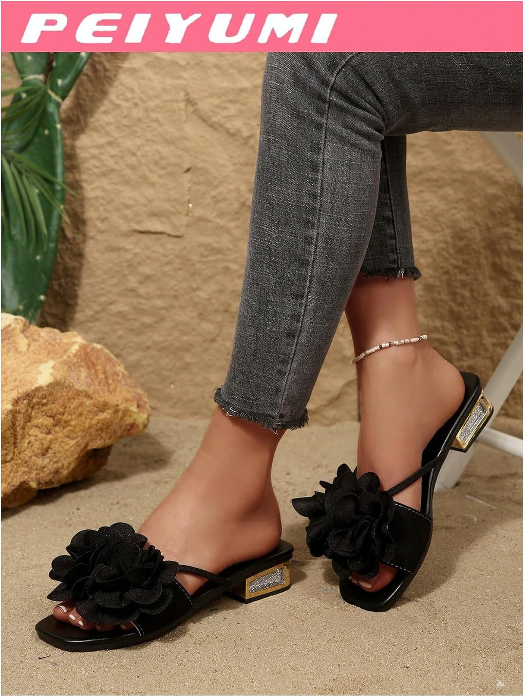 OYOANGLE Women's 3D Floral Slide Sandals Square Toe Low Block Heel Open Toe Summer Beach Dressy Sandals