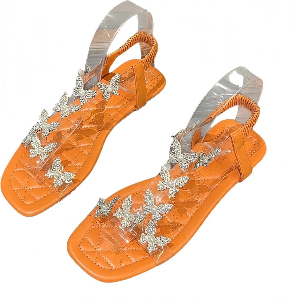 Women's Butterfly Rhinestone Flat Sandals Glitter Sparkly Bling Strappy Open Toe Elegant Transparent Elastic Strap Gladiator Sandals for Dressy Summer Wedding Bridal Prom Travel Daily Wear