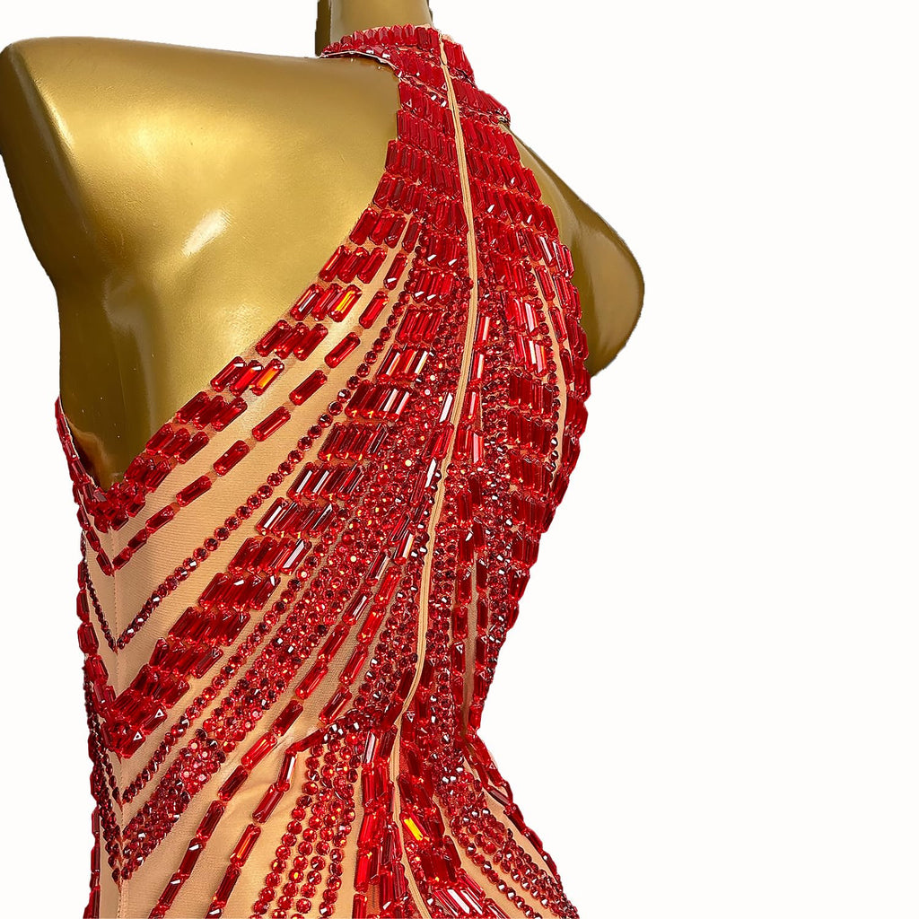 Women Rhinestones Short Prom Dress Nightclub Dancer Party Gowms Stage Performance Costume