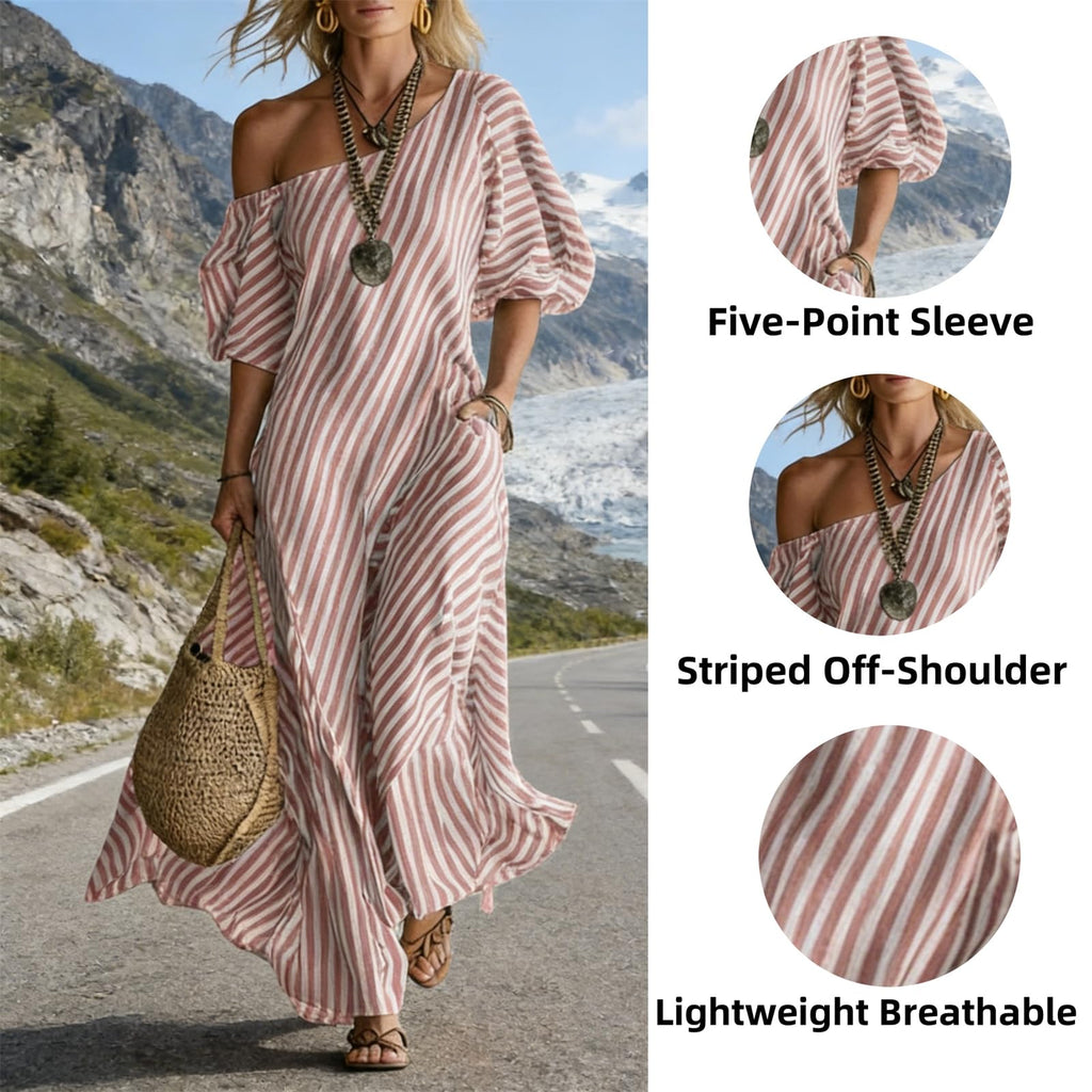 Women's Elegant and Classic Striped Off-Shoulder Maxi Dress,Summer Flutter Short Sleeve One Shoulder Loose Flowy Long Dress