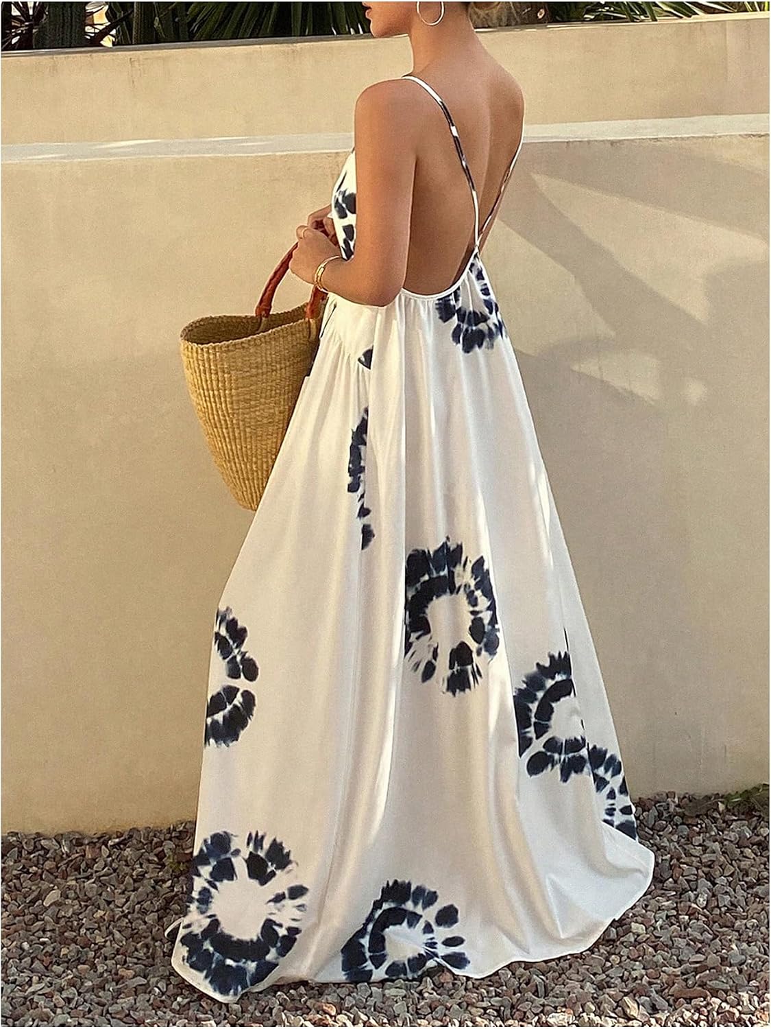 SOLY HUX Women's Boho Floral Print Backless Maxi Dress Tie Front Deep V Neck Sleeveless A Line Flowy Dresses