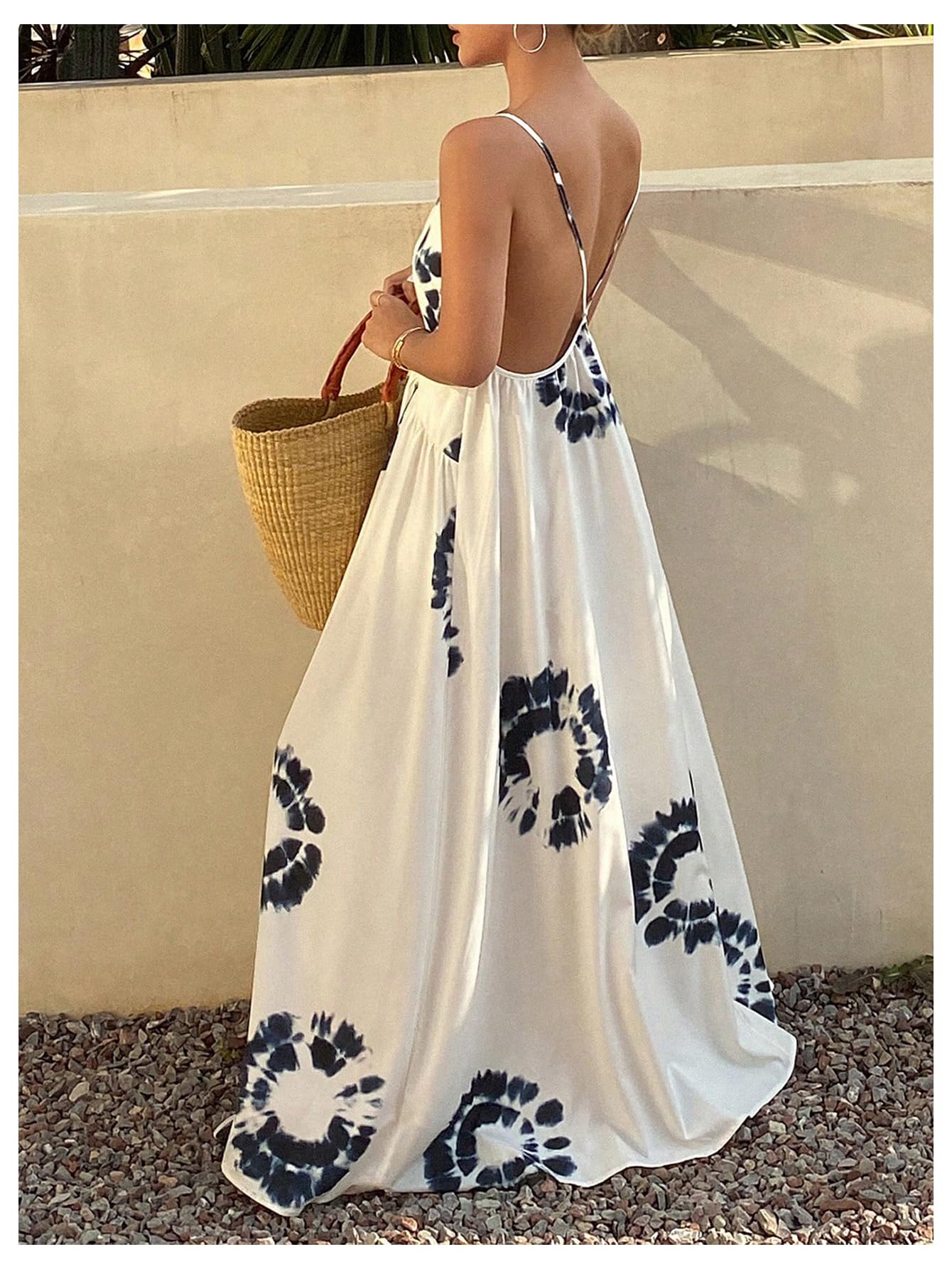 SOLY HUX Women's Boho Floral Print Backless Maxi Dress Tie Front Deep V Neck Sleeveless A Line Flowy Dresses