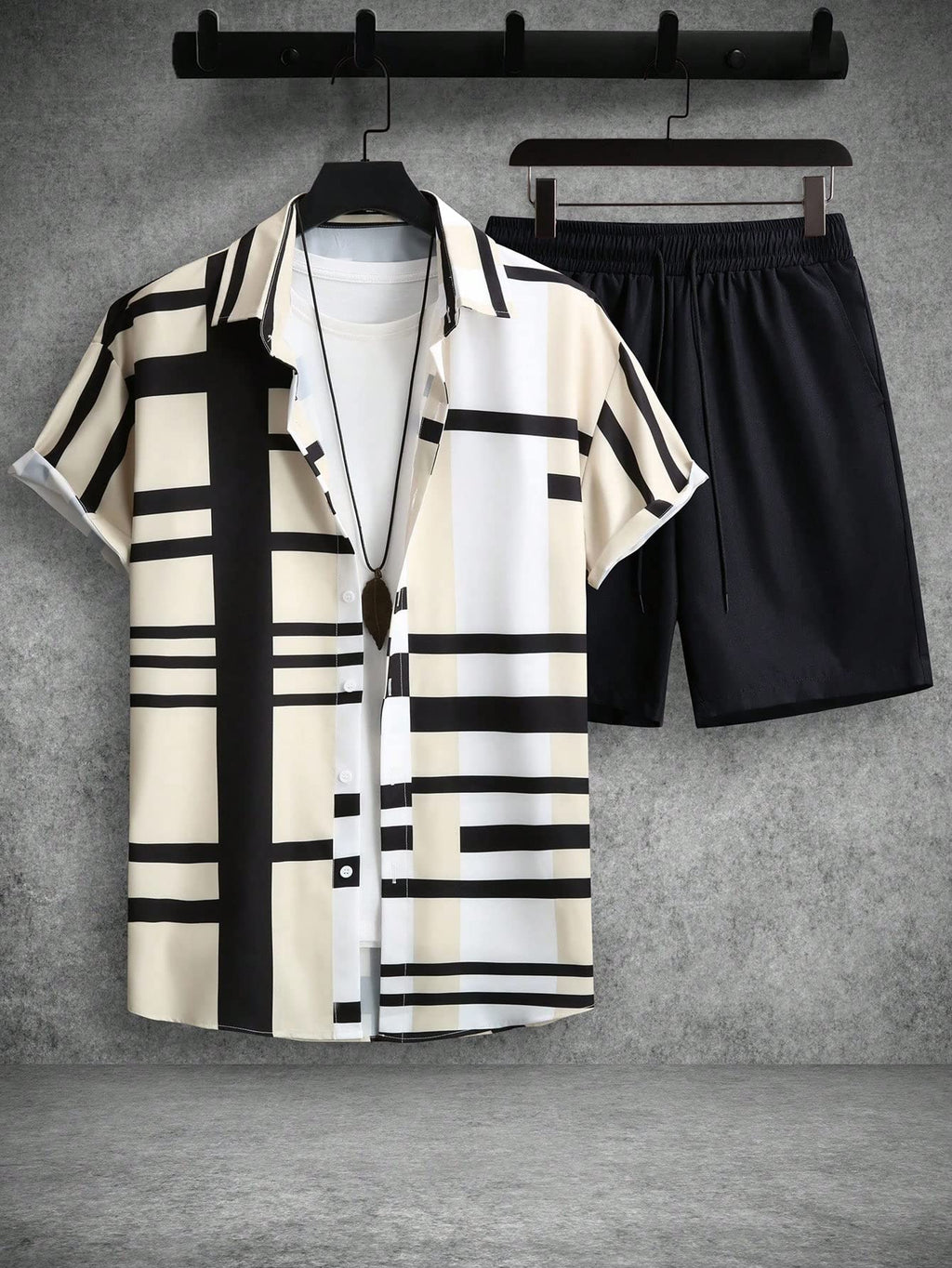 WDIRARA Men's 2 Piece Outfits Button Down Short Sleeve Collared Shirt and Shorts Set