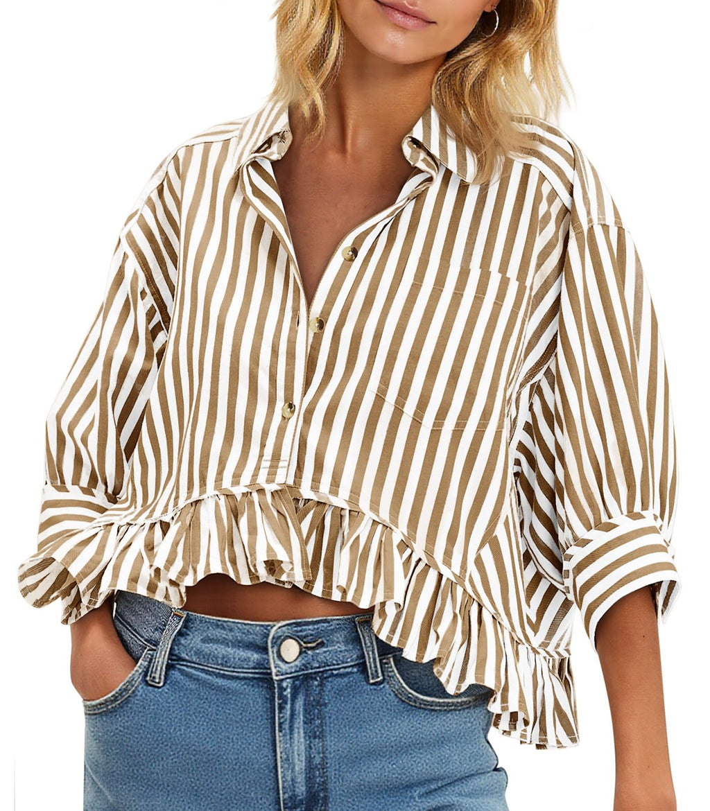 Cicy Bell Womens Cropped Striped Button Down Shirts Ruffle 3/4 Length Tops | Dressy Casual Blouses,Summer V Neck Tops,Vacation Outfits