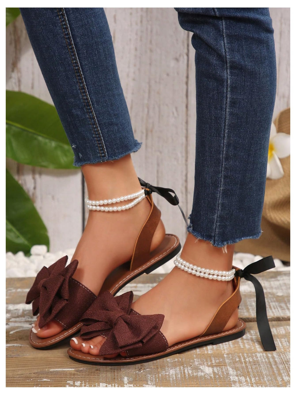 GORGLITTER Women's Bow Pearl Open Toe Ankle Strap Sandals Slippers Shoes | Sandals with Bow,Sandals Women Comfortable, Dressy Sandals Women, Y2k Dress Sandals for Women