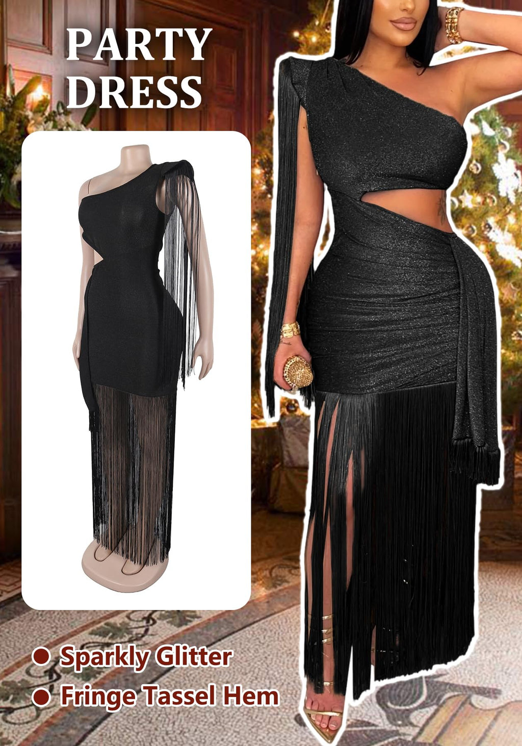Geulis Women Wedding Guest Dresses Elegant One Shlouder Fringe Dress | Sexy Bodycon Maxi Dress,Cutout off the Shoulder Cocktail Evening Party Formal Dress,Sparkly Glitter,With Tassels