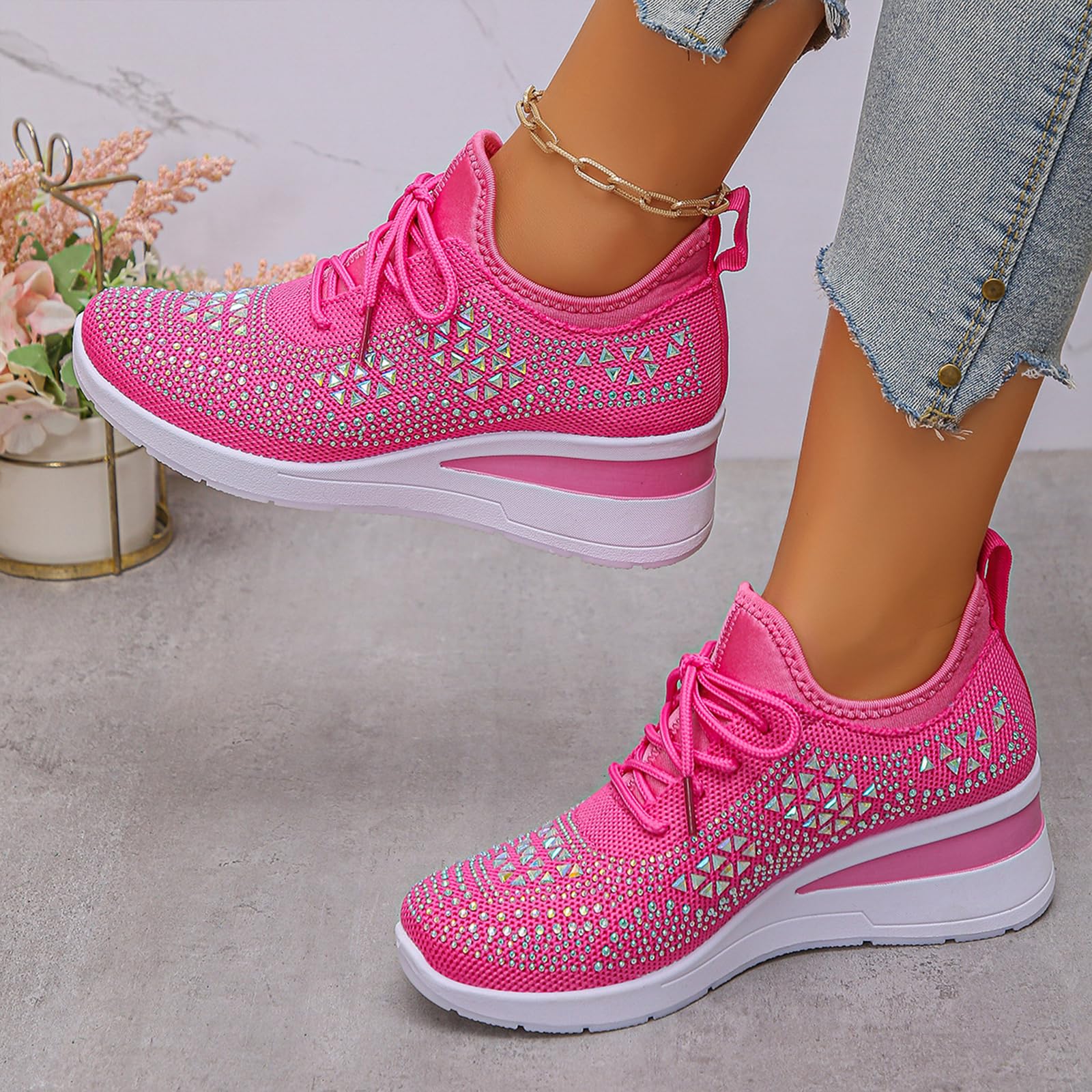 Glitter Rhinestone Wedge Sneakers with Lace-Up for Women Fashion Shiny Sequin Comfort Orthopedic Breathable Mesh Round Toe Soft Sole Tennis Walking Shoes