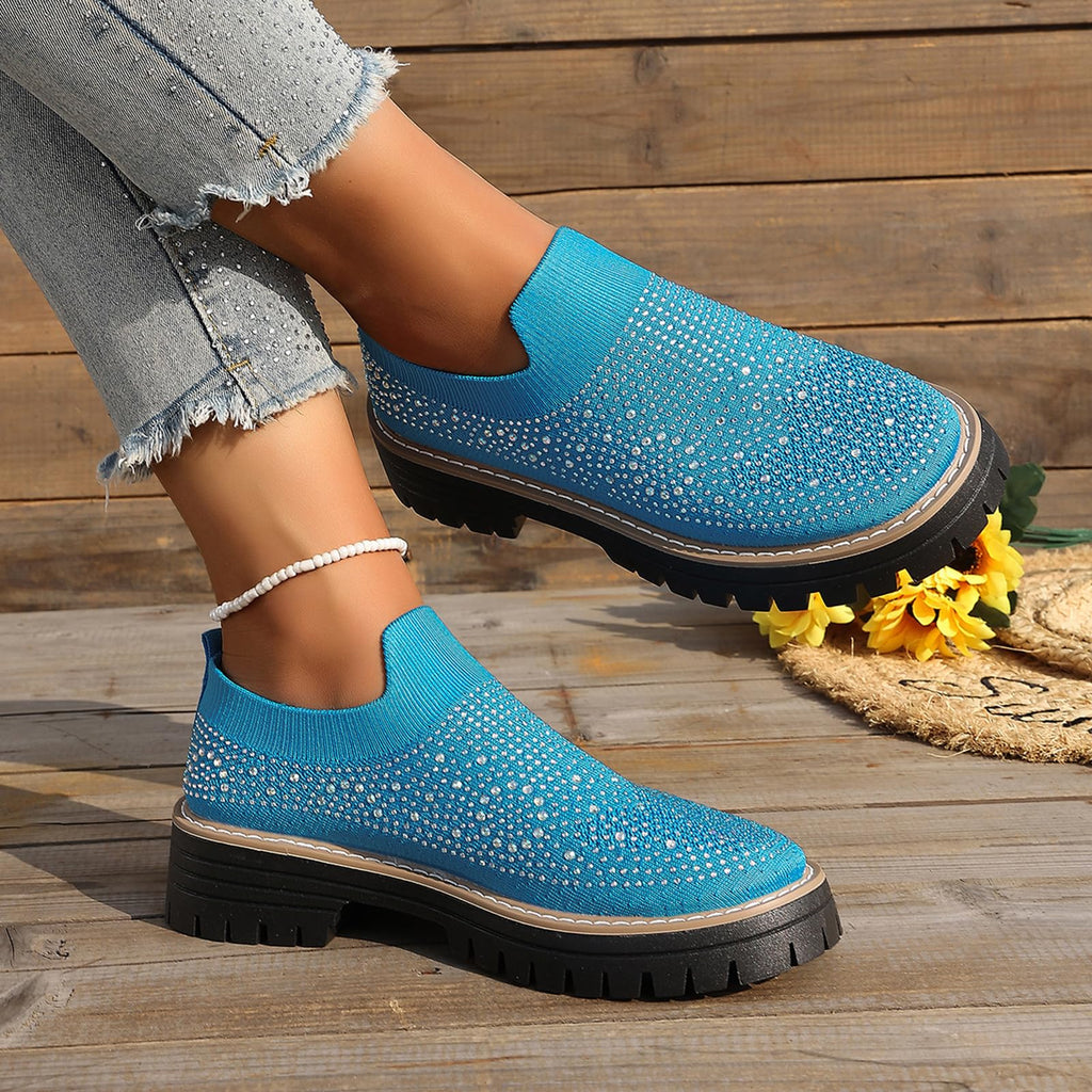 Women's Knit Rhinestone Platform Sock Sneakers Breathable Mesh Round Toe Slip On Lug Sole Loafers Lightweight Walking Sport Casual Shoes