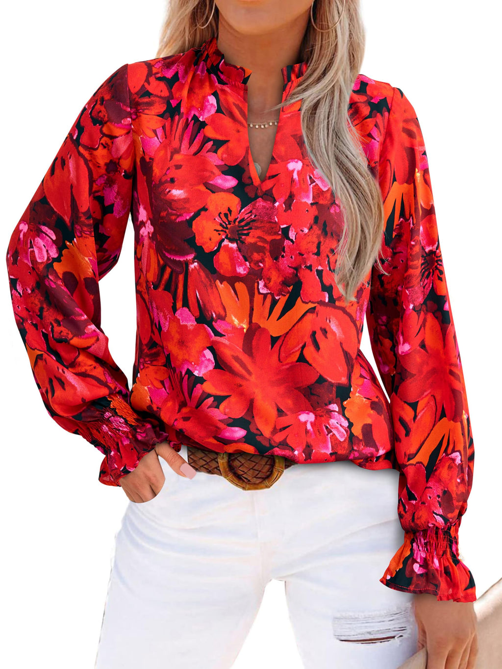 MASCOMODA Womens Boho Floral Long Sleeve Loose Chiffon Blouses | Puff Sleeve Ruffle V Neck Tops, Work Blouses for Women Dressy Casual, 2026 Summer T Shirts, Hawaiian Shirts for Women