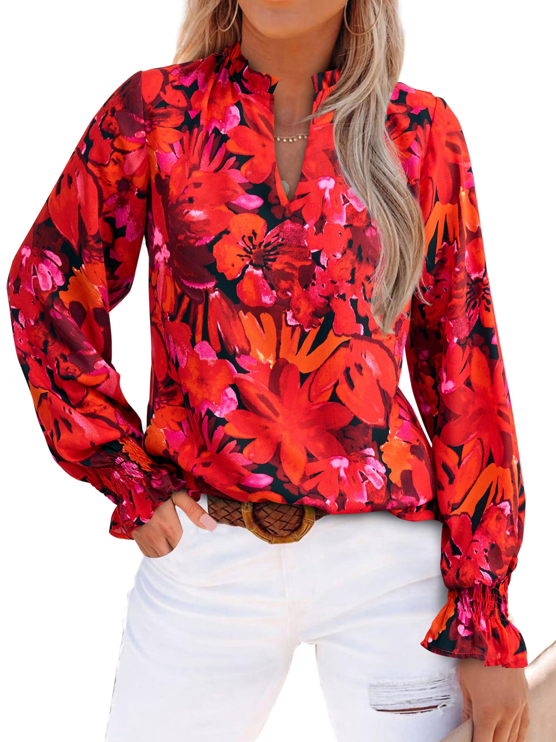 MASCOMODA Womens Boho Floral Long Sleeve Loose Chiffon Blouses | Puff Sleeve Ruffle V Neck Tops, Work Blouses for Women Dressy Casual, 2026 Summer T Shirts, Hawaiian Shirts for Women