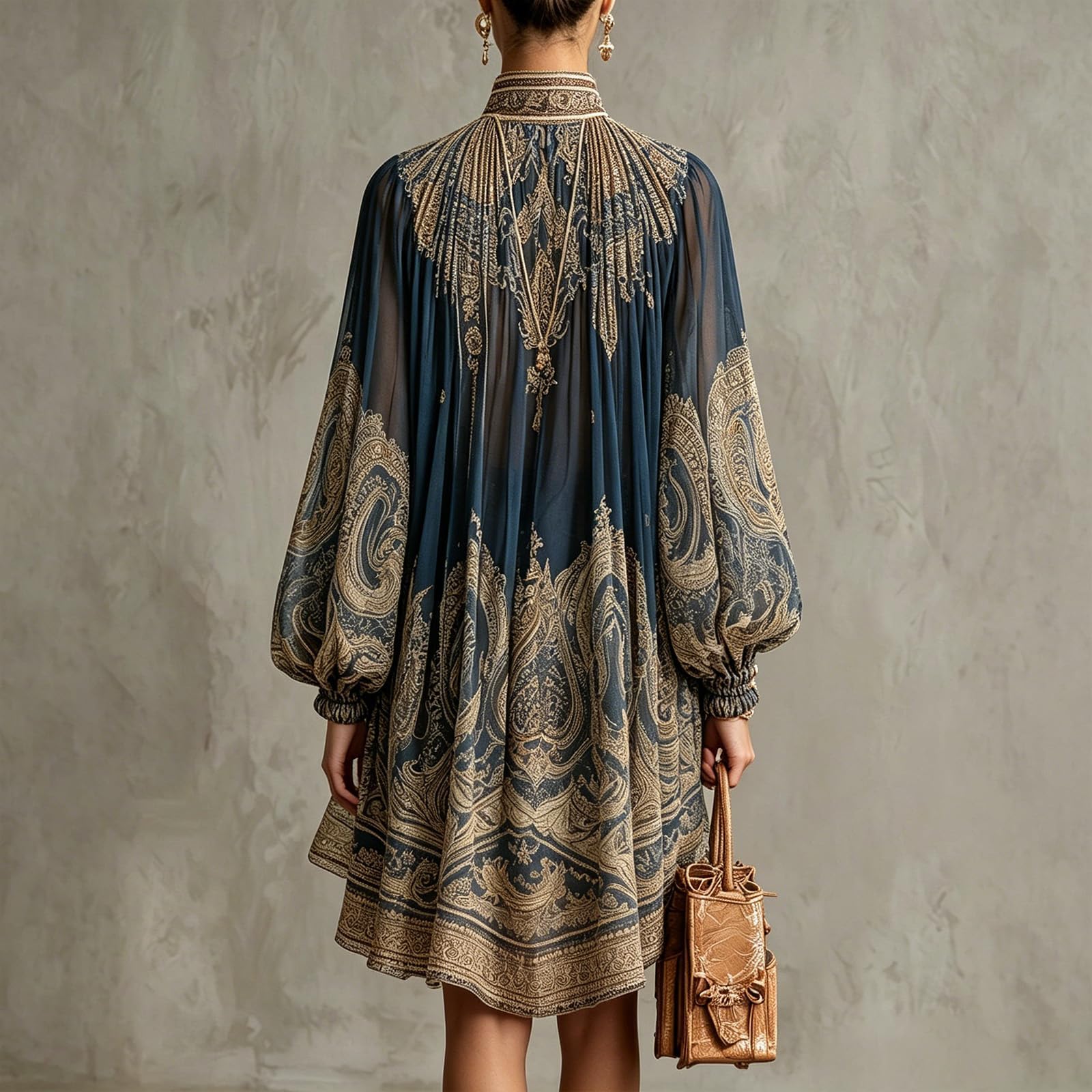 Women's Vintage Boho Chiffon Dress Navy Blue Baroque Print High Neck Irregular Lantern Sleeve Dress Casual Party Vacation
