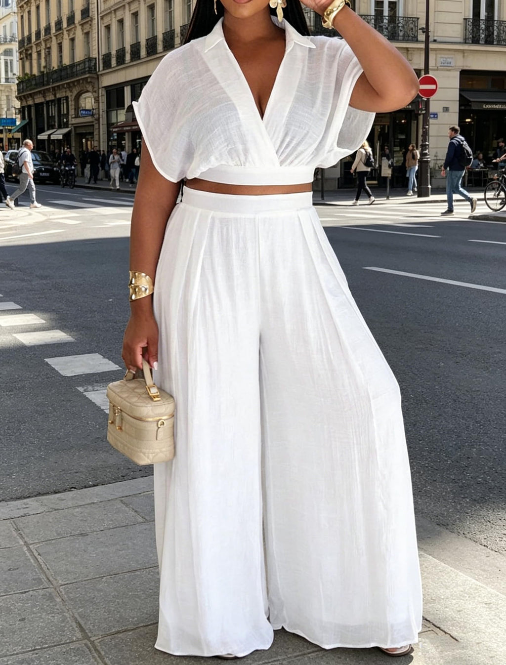 Ekaliy Women Two Piece Crop Top Flowy Wide Leg Pants Set Summer Outfits | Lightweight breathable fabric,batwing V-neck crop top,elastic waist wide leg lined pants with pockets for casual wear.