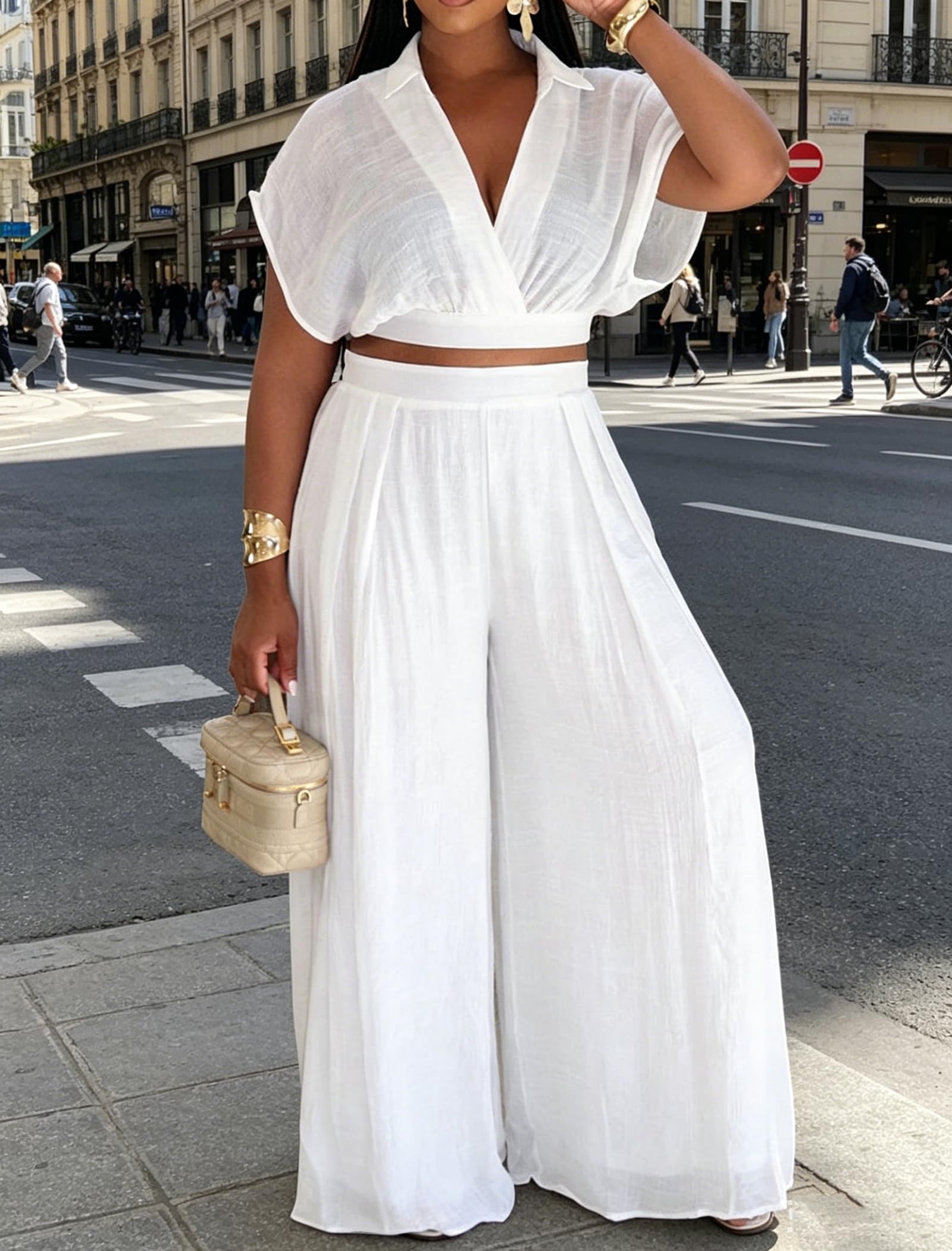 Ekaliy Women Two Piece Crop Top Flowy Wide Leg Pants Set Summer Outfits | Lightweight breathable fabric,batwing V-neck crop top,elastic waist wide leg lined pants with pockets for casual wear.