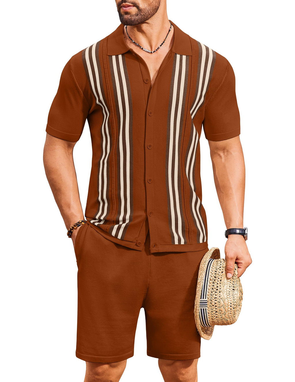 COOFANDY Men's 2 Piece Outfits Summer Short Sets Vintage Knit Button Down Shirt Short Sleeve Polo Casual Beach Suits