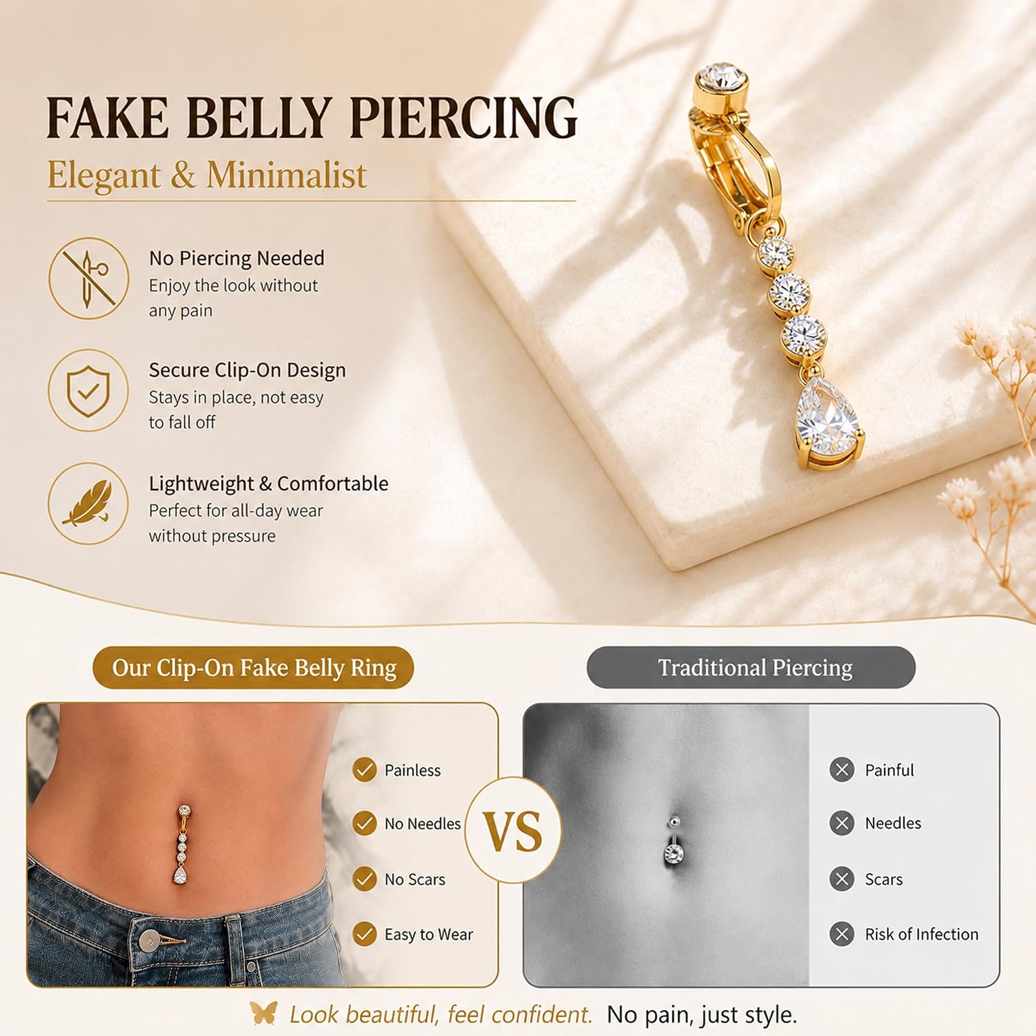 D.Bella Fake Belly Piercing Gold Clip On Belly Button Rings for Women Non Piercing Dangle Navel Jewelry Daily Wear