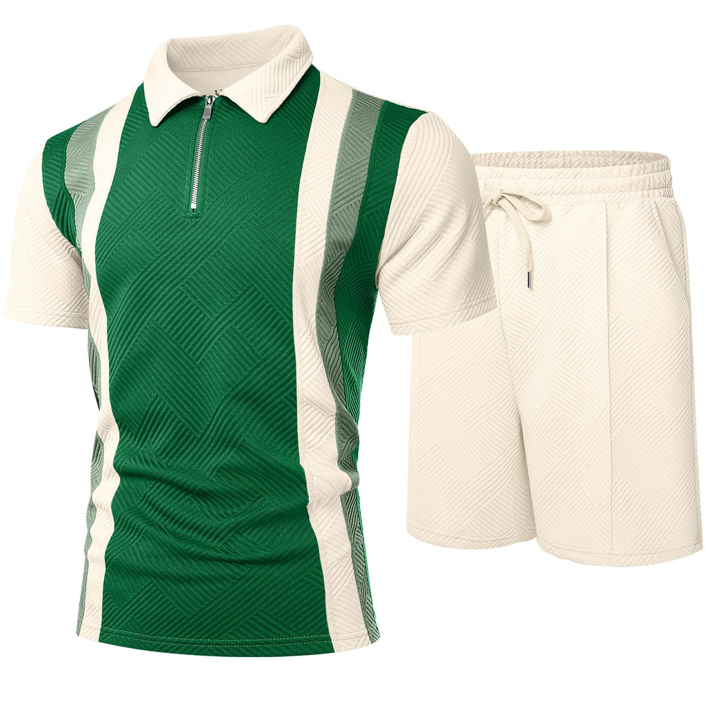 Mens Summer Track Suits 2 Piece Shorts Sets Short Sleeve Sweatsuit Outfits 1/4 Zip Golf Polo Splicing Striped Shirts
