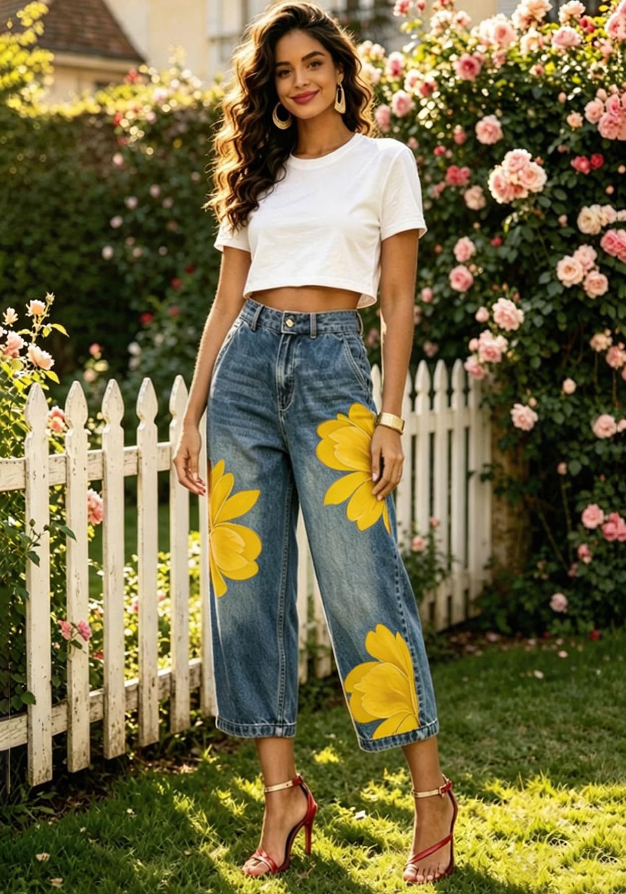 Unybwonn Women Barrel Capri Jeans Floral Wide Leg Cropped Cargo Denim Pants | High Waist,Flower Print,Distressed