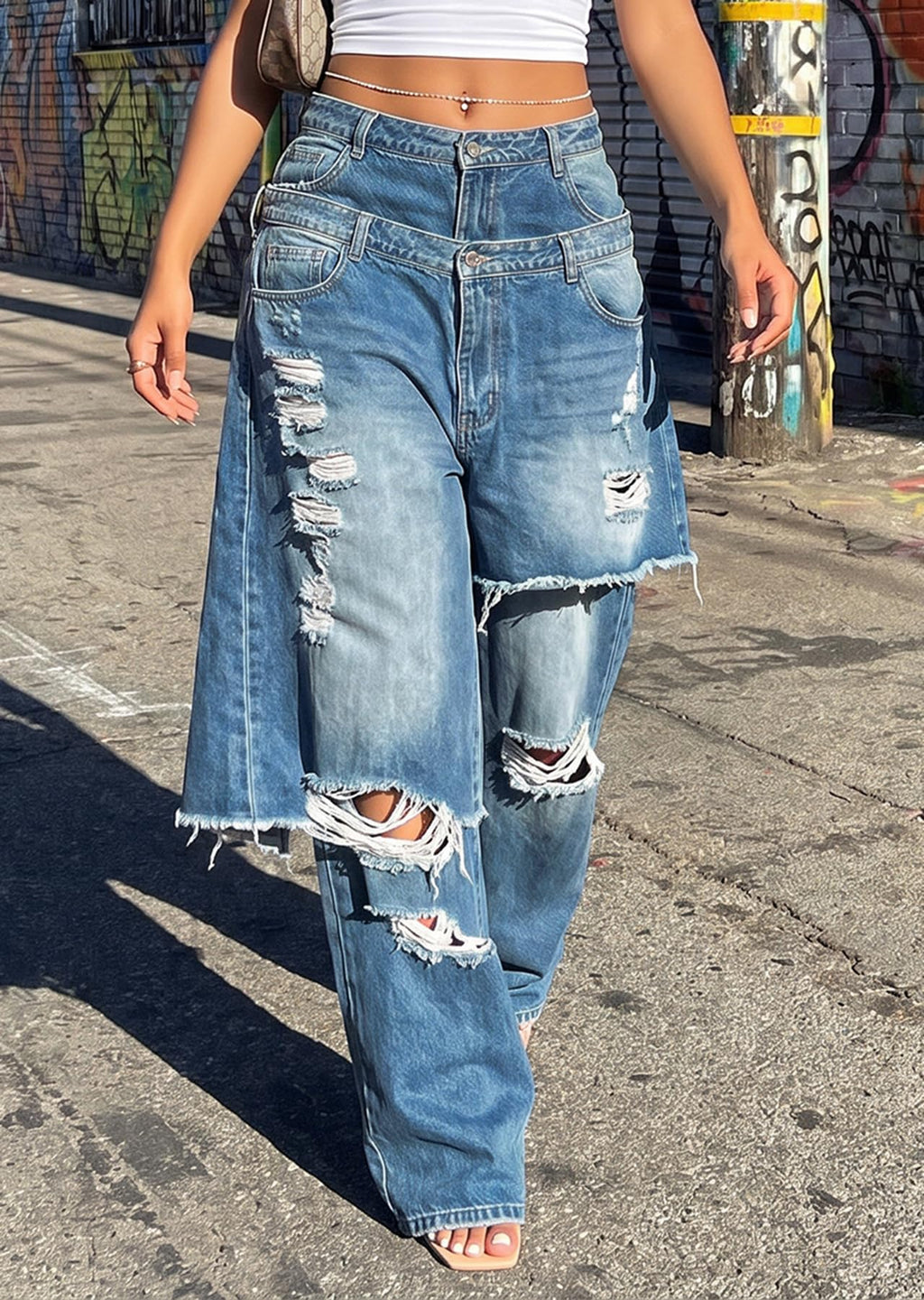 LKOUS Women's Ripped Baggy Jeans High Waist Wide Leg Patchwork Streetwear | Distressed, cutout, Y2K, hip hop, stretchy, soft, pocket, casual, concert, vintage. Machine wash