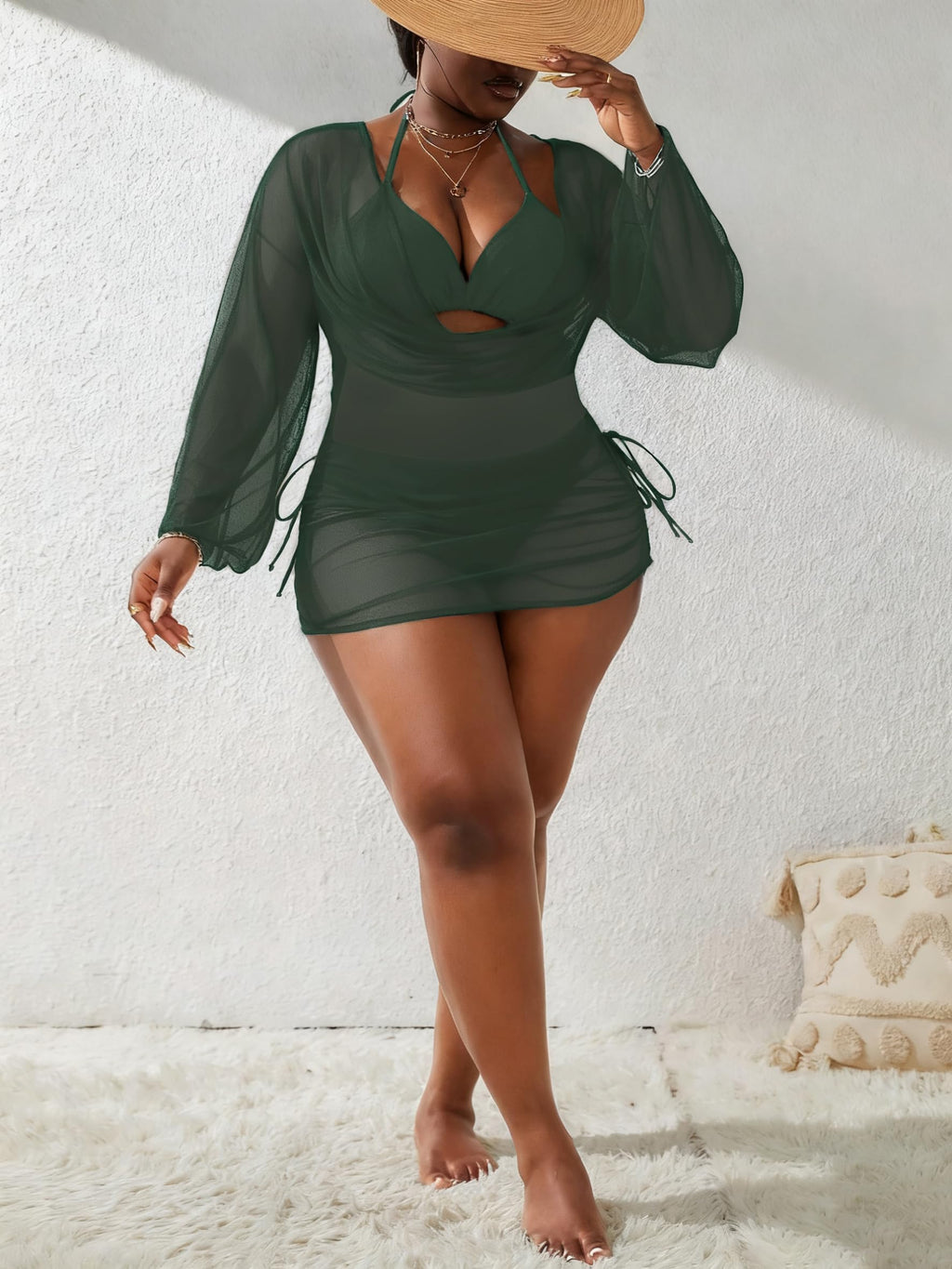Women's Plus Size Halter String Triangle Bikini Sets 3 Piece Swimsuits with Side Ruched Drawstring Cover Up