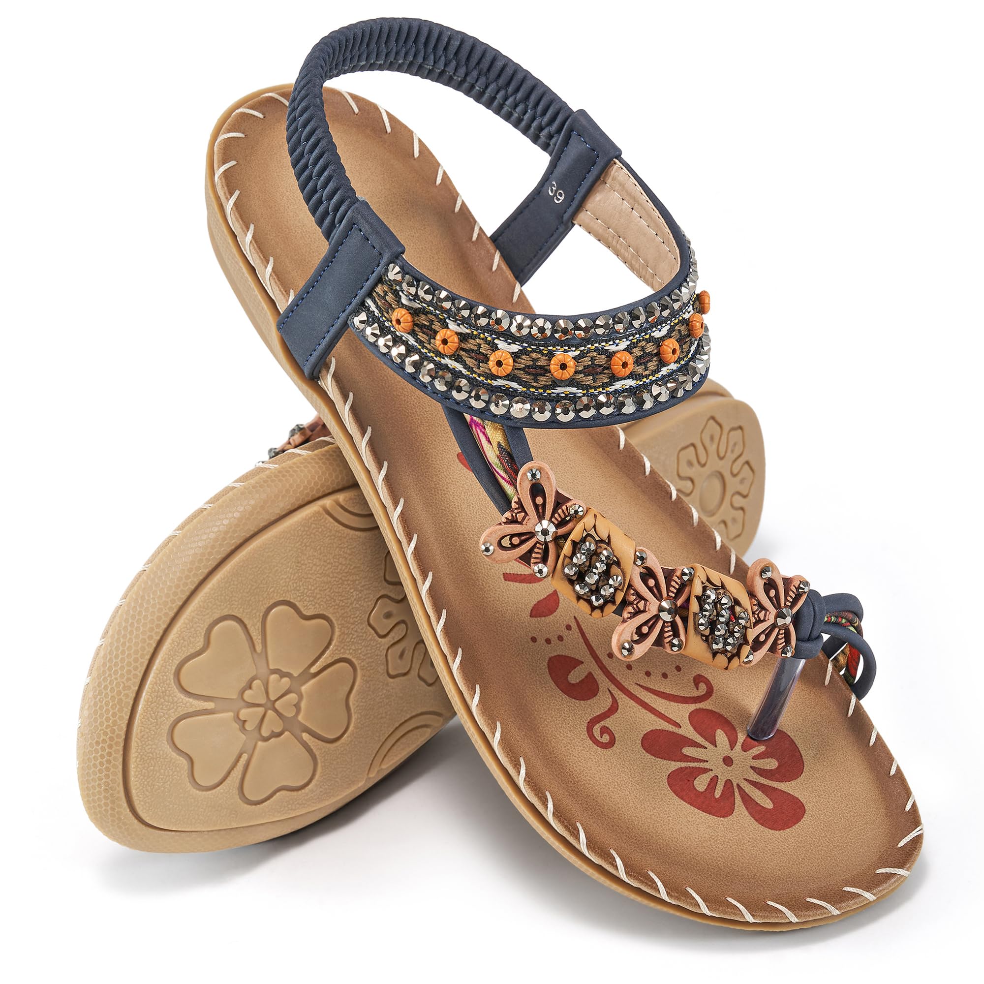 Ablanczoom Flat Sandals for Women Summer: Casual Boho Beaded Toe Ring Dress Shoes - Comfortable Vacation Daily Walking Shoes