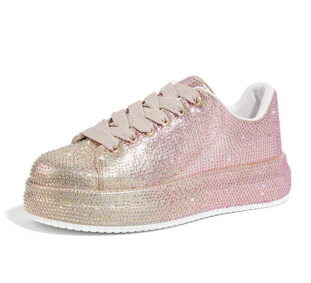 LUCKY STEP Rhinestone Platform Sneakers for Women | Sparkly Glitter Bling Tennis Shoes Fashion Wedding Party Walking Sneakers