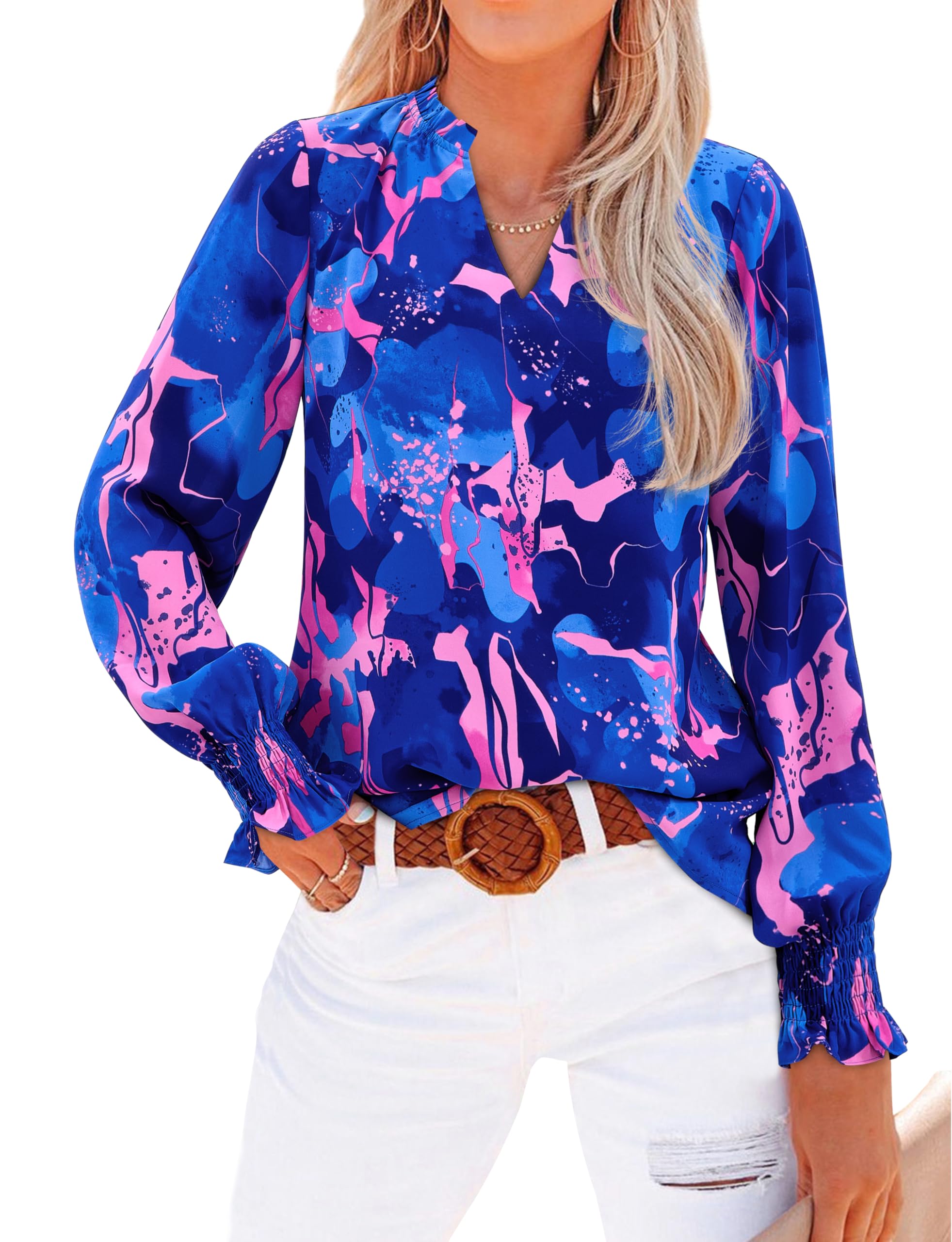 MASCOMODA Womens Boho Floral Long Sleeve Loose Chiffon Blouses | Puff Sleeve Ruffle V Neck Tops, Work Blouses for Women Dressy Casual, 2026 Summer T Shirts, Hawaiian Shirts for Women