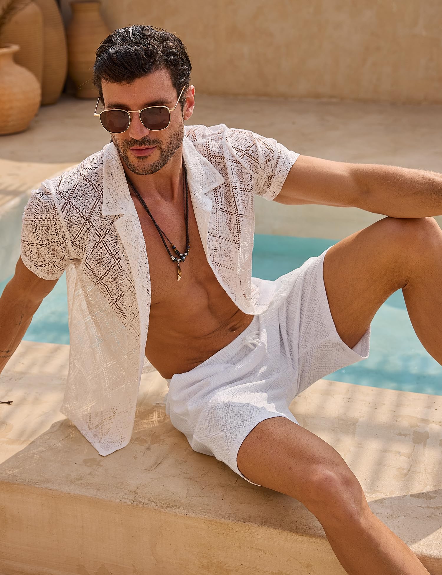 Men 2 Piece Shorts Set Sexy Lace Mesh Sheer Short Sleeve Summer Rave Outfit