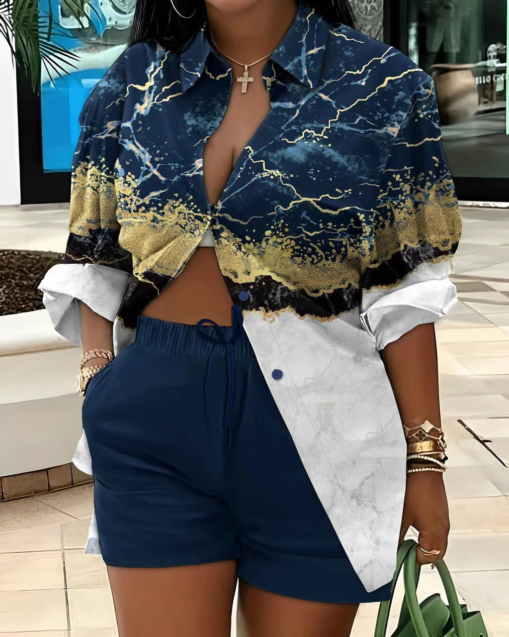 Mandonce 2 Piece Outfits for Women Long Sleeve Printed Shirt and Elastic Lace-Up Shorts with Pockets Beach Vacation Clothes
